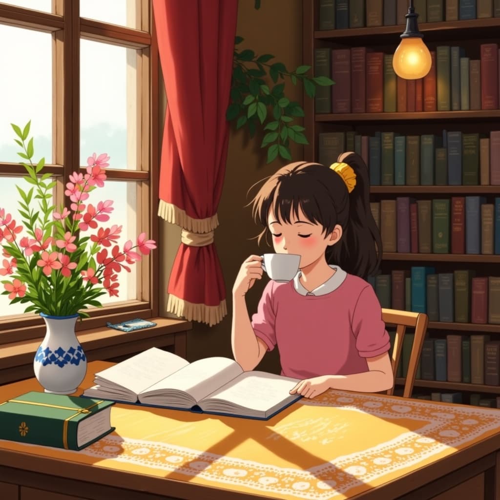 ghibli_illustration, In this enchanting wall-art piece, a young woman is captured in a moment of serene reflection, sitting at a wooden table. The room is bathed in warm, natural light, creating a cozy and inviting ambiance. It feels as if the viewer can almost sense the gentle warmth of the sun streaming through a nearby window, casting soft, elongated shadows across the richly detailed scene.
The central figure, the girl, is portrayed with expressive character design, embodying an air of whimsical joy. Her delicate features are accentuated by subtle pencil sketches and painterly textures, giving her a hand-drawn animation aesthetic. She holds a steaming cup of coffee close to her lips, savoring its aroma with an expression of quiet contentment. Her eyes are slightly closed, adding a dreamy, nostalgic quality to her demeanor.
Surrounding her, the background is alive with richly detailed elements that draw inspiration from everyday life. A beautifully intricate tablecloth with intricate patterns lies beneath her cup, while a vase of fresh wildflowers adds a splash of color and vitality. Each leaf and petal is meticulously rendered, capturing the organic movement of nature.
The room features an assortment of everyday objects, each rendered with care to maintain a tangible, lived-in feel. Books with gently dog-eared pages are stacked haphazardly, a testament to their frequent use. A softly glowing lamp illuminates a corner, its light diffusing gently to prevent harsh contrasts.
The color palette is vivid yet slightly muted, ensuring a cohesive and harmonious visual experience. The artwork embraces soft, painterly textures and subtle imperfections, celebrating the beauty of hand-drawn craftsmanship. This painting is designed to evoke a sense of nostalgia and whimsy, making it a perfect addition for wall art, where it can invite viewers into its dreamlike world and inspire a moment of pause and reflection.