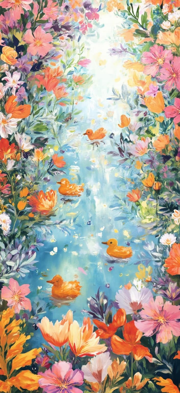 colorful_illustration, In the digital wallpaper, a serene and captivating scene unfolds where gentle ripples dance across a placid water surface, gracefully dispersed with soft, pastel-hued flower petals drifting serenely. This idyllic moment is interrupted by a delightful family of ducklings, paddling playfully through the scene, their delicate forms cutting through the water with innocent exuberance. The scene is painted in a vibrant and colorful illustration style that breathes life into the image, infusing it with a playful and dynamic, hand-drawn feel.
The background bursts with energy, adorned with an array of organic shapes and scattered decorative elements that meander whimsically across the canvas. Various leaves and floral motifs are harmoniously arranged, contributing to a natural, free-flowing quality that enhances the tapestry of the scene.
The lavish, decorative style invites the eye to wander, as intricate compositions blend bold, organic shapes with delicate, intricate details. Scattered throughout are ornamental elements like dots, swirls, and abstract motifs that add an additional layer of interest. The luxurious layering of colors and patterns creates a sense of depth and movement, inviting the viewer to lose themselves in the scene.
The organic shapes and patterns echo a harmonious, hand-drawn feel that is reminiscent of Scandinavian folk art and mid-century botanical prints. This intricate design is perfectly centered, providing a crisp, clean look that makes it ideally suited for a digital wallpaper, ensuring every detail is beautifully captured and ready for your viewing pleasure.
