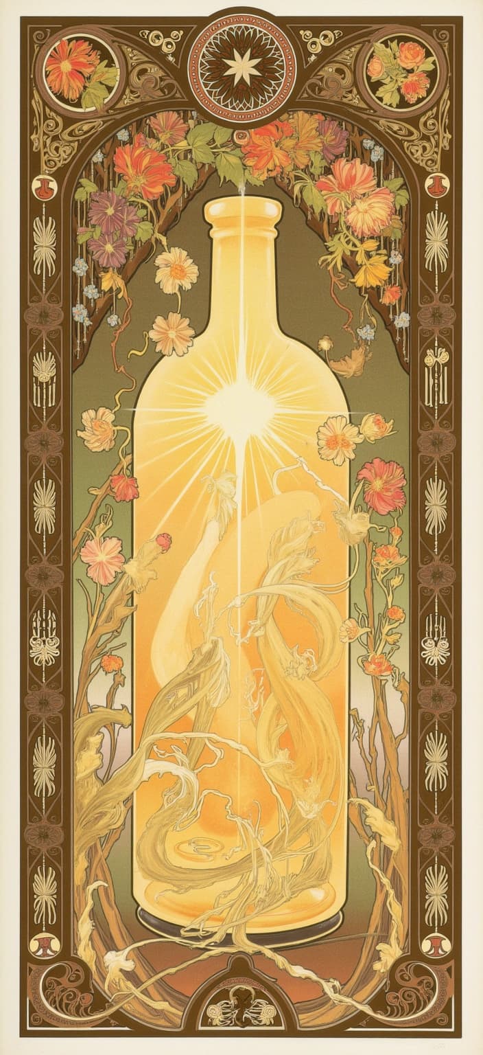 mucha, Title: "Ethereal Captivation"
Description: In the captivating artwork "Ethereal Captivation," a mesmerizing scene unfolds at its center—a luminous star radiantly glows within the confines of a delicate glass bottle, suspended in an enchanting moment of wonder. Painted in a style inspired by Alphonse Mucha, the composition is a symphony of flowing, organic lines interwoven with intricate decorative patterns that evoke an otherworldly sense of beauty.
The star, with its radiant light, casts a gentle, golden hue that dances across the surface of the bottle, illuminating the surrounding scene with a soft, ethereal glow. Encasing this celestial wonder is a blend of natural motifs, including cascading vines and blooming flowers, which seem to spring forth as if drawn by the star's magnetic allure. These elements, rendered with Mucha’s signature blend of delicate colors and exuberant floral motifs, create a harmonious tapestry where nature and dream converge.
Set against a highly stylized background, the artwork evokes a dreamlike, romantic aesthetic. Subtle geometric patterns interplay with the sinuous vines and vibrant blooms, guiding the viewer's gaze towards the radiant star at the heart of the composition. This balance of fine art and design is further enriched by a refined, ornamental quality, enhancing the piece's visual allure.
The entire scene is enclosed within an elaborate ornamental frame, reminiscent of a grand Gothic window. Its sweeping curves and detailed embellishments are adorned with organic patterns, flowers, and celestial symbols, serving as a gateway into a poetic realm where nature and human emotion intertwine. This intricate border not only unifies the composition but also invites the viewer to step into a dreamlike world of artistic wonder.
The final piece, centered and meticulously crafted, ensures a crisp, clean look suitable for printing as a digital wallpaper, transforming any space into a haven of beauty and inspiration.