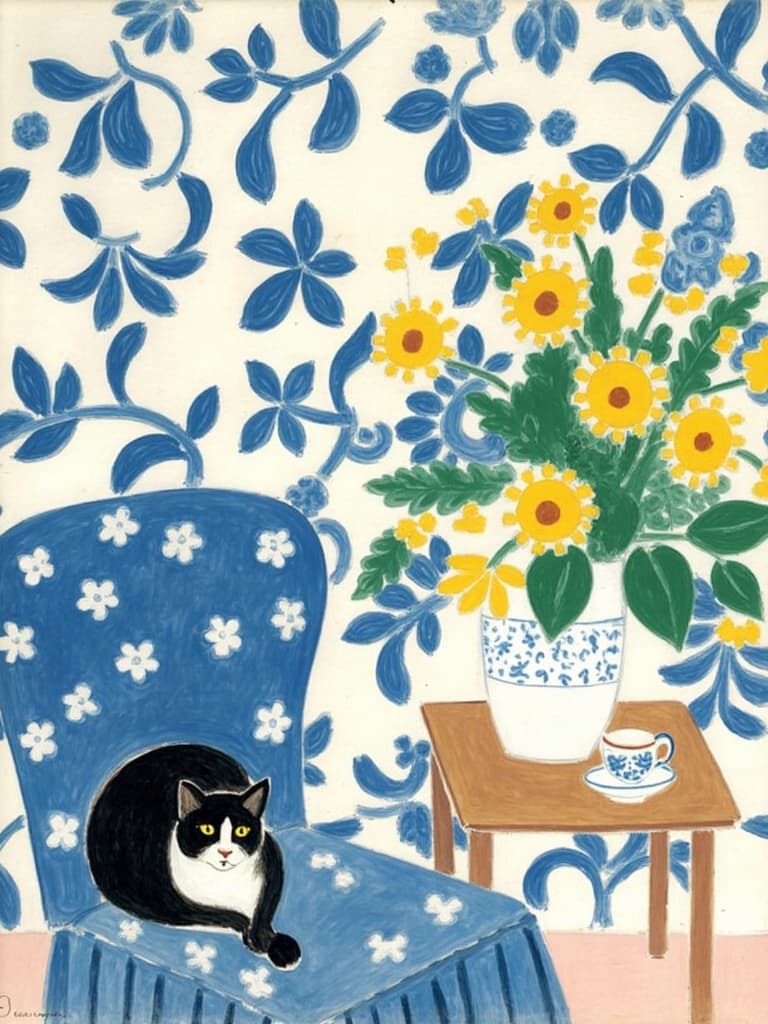 mattise_nice, In the style of "Matisse in Nice," envision a cozy interior scene that captures an essence of warmth and artistic whimsy. At the heart of the image, a plush blue armchair adorned with enchanting floral prints invites relaxation. Comfortably nestled on the chair is a black and white cat, its serene presence adding a touch of domestic tranquility to the setting. The backdrop is a stunning display of ornate blue-and-white floral wallpaper, reminiscent of Matisse’s love for decorative patterns, creating a harmonious continuity between nature and design.
A striking contrast is introduced by a large ceramic vase, its smooth surface embellished with intricate details, holding exuberant yellow pom-pom flowers that stand out boldly against the blue hues. Adding to this eclectic yet cohesive composition, a small wooden coffee table is carefully positioned in front of the chair. It supports a delicate arrangement of a cup and saucer with a teapot, all meticulously crafted in a timeless blue and white porcelain design, echoing the theme and palette of the room.
This flat, naive illustration exudes elegance through simplicity, evoking a Matisse-inspired ambiance that seamlessly blends artistic charm with whimsical flair. The entire composition is centered purposefully, ensuring a crisp and clean aesthetic ideal for transforming into a digital wallpaper, bringing a hint of refined yet playful sophistication to any space.