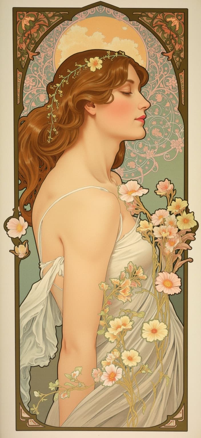 mucha, In this captivating digital wallpaper, we are presented with a portrait of a woman facing the camera, exuding an aura of elegance and mystery. She wears a delicate necklace that catches the eye with its intricate design. The painting is infused with the essence of Mucha's style, showcased through flowing, organic lines that trace the contours of her serene expression and cascade into her auburn hair, which is adorned with delicate flowers and vines, symbolizing a harmonious connection with nature.
Her attire, though not elaborate, is subtly accented with decorative patterns that echo the elegant motifs of Art Nouveau, creating a visual rhythm that draws the viewer deeper into the artwork. The backdrop is a dreamlike tapestry of celestial elements—ethereal stars and gentle moonbeams—that seamlessly merge with a highly stylized background of swirling mists and ornate, geometric patterns, evoking a sense of romantic nostalgia.
The composition is further enriched by a vibrant palette of delicate colors, where soft pastels and earthly tones converge, casting an enchanting glow that envelops the entire scene. Exuberant floral motifs composed of sinuous vines and blooming flowers weave through the composition, enhancing its refined, ornamental quality.
Encompassing the scene, an elaborate ornamental frame, reminiscent of a grand Gothic window, encloses the artwork. This intricate border, adorned with ornate curves, organic patterns, and celestial symbols, serves as both a visual anchor and a gateway into this ethereal realm. Here, nature and human emotion intertwine in poetic harmony, creating a timeless piece that transforms any digital device into a portal to a dreamlike world. This digital wallpaper is not only a piece of art but a statement of beauty and elegance, perfect for anyone seeking to elevate their screen with a touch of classic sophistication.