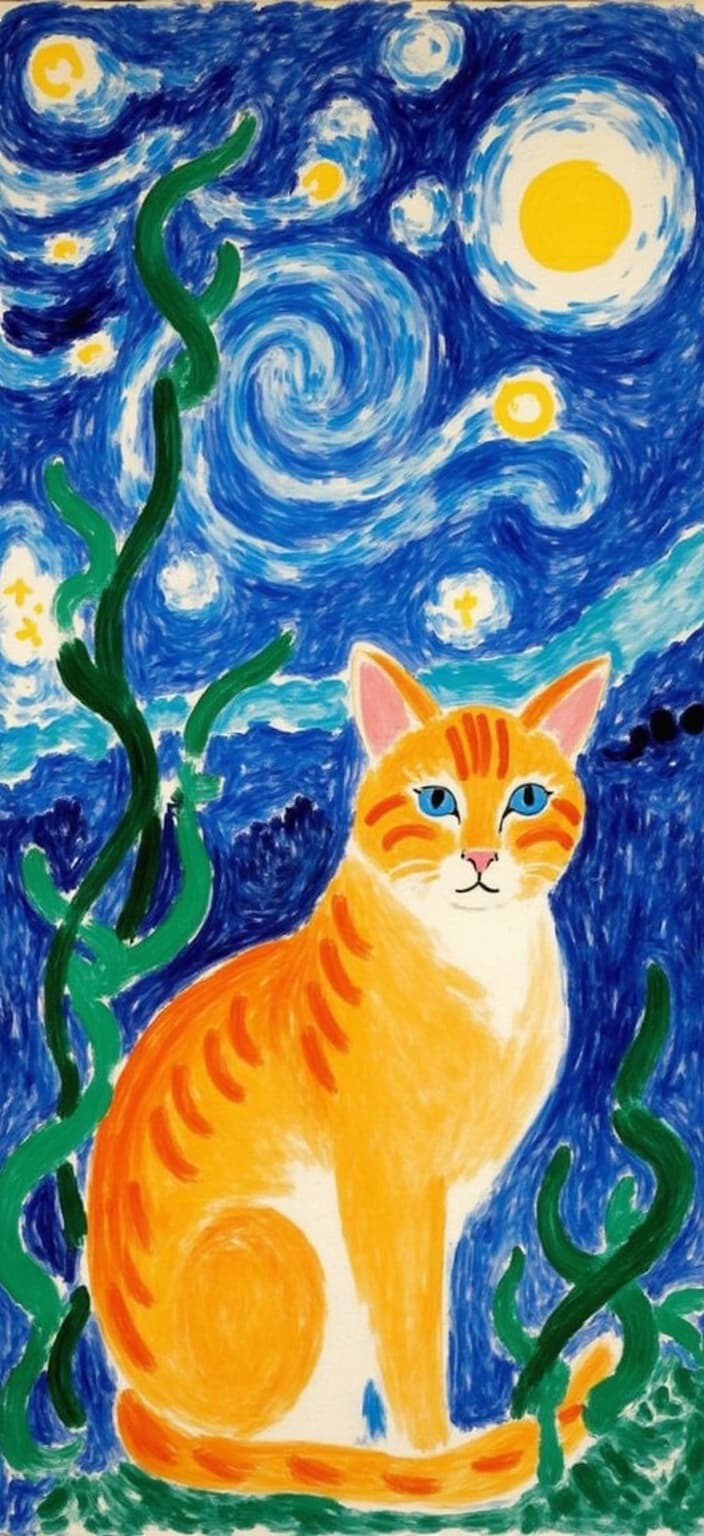 mattise_nice, Create a meticulously detailed painting featuring a golden cat, whose fur gleams with a radiant hue, complemented by captivating blue eyes that gaze directly at the viewers, conveying a sense of mystery and allure. The cat sits gracefully with its tail elegantly pointed upward, embodying a poised and regal stance. The background is an enchanting rendition of Van Gogh's iconic "Starry Night," where swirling stars and vibrant hues of blue, yellow, and white dance across the canvas, creating a dreamlike atmosphere.
Incorporate elements of nature by intertwining plants, leaves, and veins into the starry night backdrop, seamlessly merging them into the celestial scene. The illustration style should capture the fluidity and movement of both the natural world and the starry sky, forming a harmonious blend that adds depth and texture.
Infuse the composition with the distinctive "Matisse in Nice" style, drawing inspiration from the artist's bold use of color and dynamic forms. This influence should enhance the vibrancy of the colors, the fluidity of lines, and the overall composition, imbuing the painting with a sense of rhythm and energy synonymous with Matisse's work.
Ensure the image is centrally focused to maintain a crisp, clean aesthetic, making it suitable for a digital wallpaper. The balanced composition and vivid details will create a visually captivating piece, perfect for display on any screen.