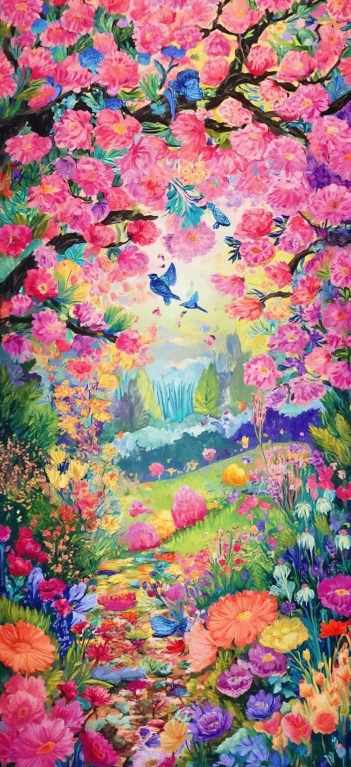 colorful_illustration, Enriched prompt:
Imagine a vibrant and colorful illustration capturing the essence of pink cherry trees in full bloom, their branches gracefully arching over a serene path. The scene is animated with tiny sparrows and bluebirds, either perched delicately on the branches or caught mid-flight, bringing life to the tranquil setting. As delicate petals gently fall, they add a sense of gentle motion and tranquility. This painting draws inspiration from a lavish decorative style, blending intricate compositions with bold organic shapes. The canvas is beautifully adorned with scattered ornamental elements such as dots, swirls, and abstract motifs, which add layers of depth and movement to the piece.
The background is a tapestry of organic shapes and scattered decorative elements, harmoniously interwoven with various leaves and floral elements. This creates a natural, free-flowing quality in the design, evoking a playful, dynamic, hand-drawn feel. The luxurious layering of vibrant colors and patterns reflects a sense of depth and movement, reminiscent of Scandinavian folk art and mid-century botanical prints. The central focus ensures a crisp, clean look, making it perfectly suited for digital wallpaper. This art piece invites the viewer into a whimsical world where nature’s splendor is captured in a delightful play of colors and patterns.