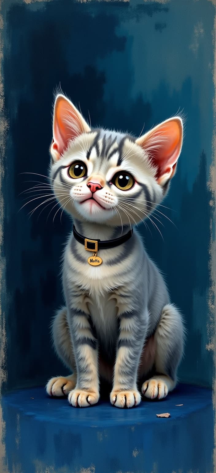 rothko, Create an enchanting digital painting centered on a tender, entirely gray kitten, its almond-shaped eyes exuding warmth and curiosity. Around its neck, a delicate collar displays the name "Motita," adding a personal touch to this captivating scene. The background is an immersive dark blue, textured with streak-like grooves, reminiscent of brushstrokes in a masterful abstract composition.
This artwork draws inspiration from a style characterized by the complex layering of translucent colors, allowing light to filter through and impart a sense of “inner light” and remarkable luminosity. Up close, the painting reveals colors that seem to melt and fuse together, lacking defined boundaries, creating a harmonious blend. However, from a distance, the scene transforms, with soft-edged forms and serene rectangles that appear to hover weightlessly within the canvas. These floating zones of color are interspersed with rich, varied surfaces where drips or strokes of paint meander in unexpected directions, enhancing the overall texture and depth.
Designed as a digital wallpaper, this painting ensures a crisp and clean look, perfectly suited for display, capturing the viewer's imagination with its ethereal play of light and color.