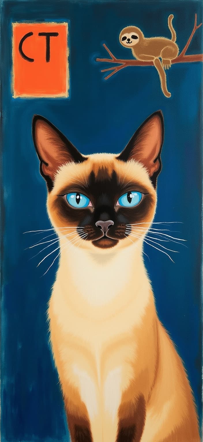 rothko, The painting features a charmingly grumpy Siamese cat, its expressive eyes and distinctive markings capturing a sense of endearing discontentment. The feline is positioned centrally, ensuring its features are crisply rendered for optimal viewing as digital wallpaper. The backdrop is a deep, dark blue, creating a striking contrast that accentuates the cat's creamy fur and vivid blue eyes. Behind the cat, an intriguing poster adds depth and interest to the composition. The poster, with its bold 'CT' initials, subtly draws the viewer's attention with its modern typography. It also features a whimsical sloth, leisurely clinging to a branch, adding a playful touch to the scene.
The painting draws inspiration from a style characterized by complex layering of translucent color, allowing light to filter through in a way that gives the scene an ethereal glow. This technique imbues the background with an appearance of "inner light" and a remarkable luminosity, making the dark blue seem alive with subtle shifts in tone. Up close, the colors melt and fuse together, with blurred boundaries offering a soft, harmonious blend of hues. From a distance, the soft-edged shapes and colors hover weightlessly, creating the effect of floating zones of color. The painting's richly varied surface features unconventional paint drips and strokes that run in unexpected directions, adding texture and depth to the overall composition. This style offers a dynamic yet serene backdrop, perfectly complementing the central subject and ensuring the artwork is a captivating and elegant choice for digital wallpaper.