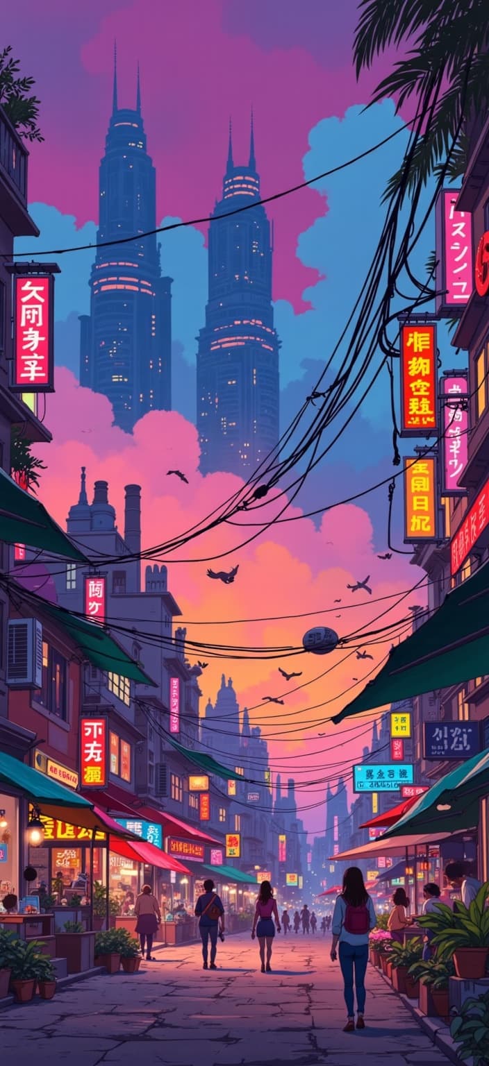 ghibli_illustration, Title: Cyberpunk Dreamscape

Envision a captivating digital wallpaper designed for a PC screen, centered on a mesmerizing portrayal of a sexy girl in a cyberpunk setting. The artwork draws inspiration from a hand-drawn animation style, characterized by richly detailed backgrounds and expressive character designs. The scene is brought to life with bright, vivid colors balanced with a slightly muted palette to create a whimsical and joyful aesthetic, reminiscent of a dreamy, nostalgic quality.

At the heart of the composition is the girl, who embodies a blend of futuristic allure and vibrant charisma. Her attire is a fusion of sleek cybernetic elements and stylish, avant-garde fashion, adorned with intricate details that speak to the complexity of her world. Her posture is confident and poised, exuding a sense of empowerment and mystery.

The background is a kaleidoscope of urban landscapes blended with natural elements, rendered with painterly textures and subtle imperfections that lend an organic movement to the scene. Skyscrapers tower in the distance, their neon lights casting a warm, natural glow that bathes the scene in a cozy and inviting mood. Everyday objects, from bustling street vendors to futuristic vehicles, are meticulously detailed, giving life and vibrancy to the environment.

The composition is framed to ensure the girl remains the focal point, accurately proportioned and clearly visible amidst the richly textured backdrop. The soft, hand-drawn feel of pencil sketches pervades the image, while the warm lighting and subdued contrasts evoke a sense of dreamlike nostalgia. This artwork is designed not only to be visually stunning but also to evoke a feeling of living within a tangible, enchanted world—perfect for a digital wallpaper that breathes life into any screen it graces.
