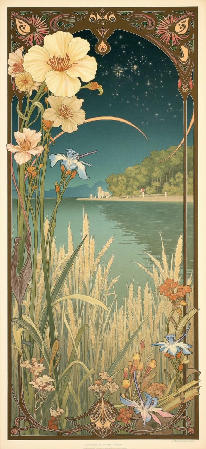 mucha, Create a mesmerizing and dreamlike Art Nouveau painting depicting the serene edge of a tranquil lake beneath a captivating starry night sky. This scene vividly embodies the flowing, organic lines and intricate decorative patterns inspired by Alphonse Mucha's iconic works. Nestled in this enchanting landscape are delicate iris flowers, graceful bullrushes, and elegant reeds, which sway gently in a soft, ethereal breeze. Two magnificent dragonflies hover in the foreground, their wings shimmering as they face each other in a silent dance.
Sinuous vines and blooming flowers weave intricately through the composition, their forms guided by the expressive whiplash curves characteristic of the Art Nouveau style. The palette is a harmonious blend of delicate hues, casting a romantic and tranquil ambiance over the entire scene. The highly stylized background merges fine art with design, evoking an ethereal, dreamlike aesthetic that transports the viewer to a realm of serenity and beauty.
The artwork is framed within an elaborate ornamental border adorned with organic patterns and exquisite floral embellishments. This ornate border, with its sweeping curves reminiscent of a grand Gothic window, features an asymmetrical design where one large iris flower gracefully protrudes, partially covering the left-hand side of the border. This adds a touch of dynamic elegance while maintaining the dreamlike and poetic harmony of the scene.
This masterpiece is perfectly suited as a digital wallpaper for a smartphone, offering a crisp, clean look with a centered composition. It invites the user into a world where nature's splendor and human emotion are intertwined in a serene symphony of visual poetry.