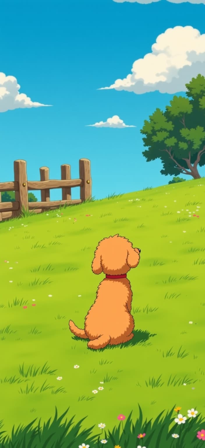ghibli_illustration, On a vast green lawn, bathed in the warm, gentle glow of natural sunlight, sits a charming golden doodle, its curly fur softly shimmering with hints of gold. The scene is rendered in a style reminiscent of hand-drawn animation, where every detail is meticulously crafted to convey a sense of whimsical joy and nostalgia. The golden doodle is depicted with expressive character features, its eyes full of playful curiosity, and its posture exuding a sense of comfort and contentment.
Surrounding the central figure is a richly detailed background, alive with the delicate whisper of a gentle breeze rustling through the grass. The blades of grass are painstakingly rendered to showcase their lively dance, subtly swaying and casting soft, painterly shadows on the ground. The textures throughout the scene maintain a hand-drawn feel, with subtle pencil sketches and organic movements, adding a layer of depth and charm.
The color palette is bright yet slightly muted, avoiding harsh contrasts to preserve a dreamy, nostalgic atmosphere. Everyday objects, such as small wildflowers peppered across the lawn and a quaint wooden fence in the distance, are intricately rendered, adding to the tangible, lived-in quality of the scene. The composition is centered, focusing on the golden doodle, ensuring a crisp, clean look that is perfect for printing as a digital wallpaper, inviting viewers into a world where whimsy and reality beautifully intertwine.