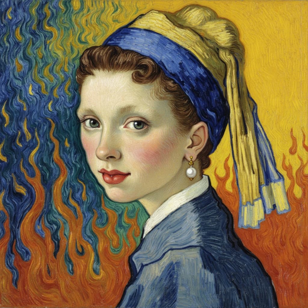 van_gogh, The painting captures a young girl wearing a lustrous pearl earring, her delicate features exuding a timeless beauty. Her gaze is soft yet captivating, drawing viewers into her world. The background is a symphony of vivid, intense colors applied in thick, impasto layers, creating a dynamic atmosphere around her. The brushwork is energetic and expressive, with swirling, flame-like patterns that imbue the scene with rhythm and vitality.
Bold complementary color contrasts, such as deep blues paired with vibrant oranges, and striking yellows alongside rich purples, heighten the visual impact and add emotional depth to the piece. Each brushstroke seems to pulsate with life, conveying a raw emotion that enhances the personal yet universally compelling nature of the artwork. The loose, curling patterns add a sense of motion, making the image feel alive and urgent.
The composition is centered meticulously, ensuring it is crisp and clean, making the painting perfect for a digital wallpaper. This allows it to resonate with viewers, providing an intense, immersive artistic experience that is suitable for display on any digital screen.