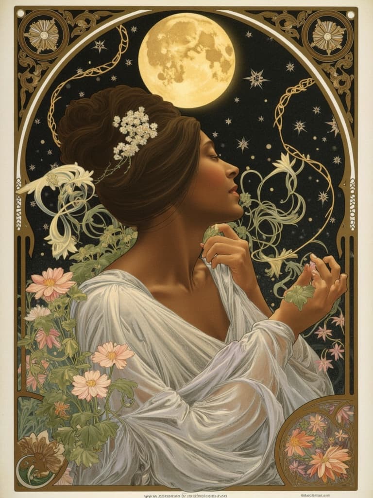 mucha, Envision a captivating digital wallpaper where the centerpiece is a black young woman, her graceful profile bathed in the gentle luminescence of a full moon set against a dark, serene night sky. Her expression is one of wonder, as she gazes upward, her eyes seemingly reflecting the celestial glow above. The night sky is embellished with a cascade of twinkling stars and ethereal wisps of clouds that weave through the vast expanse, enveloping her in their nocturnal embrace.
The painting is crafted in an exquisite Art Nouveau style, characterized by flowing, organic lines and intricate decorative patterns. Surrounding the central figure, a symphony of natural motifs unfolds: delicate flowers and winding vines weave their way through the composition, each petal and leaf rendered with meticulous detail. These elements create a harmonious blend of art and nature, inviting the viewer into a dreamlike, romantic aesthetic.
The background is a tapestry of subtle geometric patterns interwoven with Mucha’s signature style of exuberant floral motifs. The color palette is a refined assortment of soft, delicate hues—pale lavenders, deep indigos, and blushing pinks—that together evoke a sense of tranquility and elegance.
Encircling the entire scene is an elaborate ornamental frame, reminiscent of a grand Gothic window. Its sweeping curves and detailed embellishments, adorned with celestial symbols and organic patterns, provide a visual unifier that enhances the composition’s refined, ornamental quality. This intricate border serves as a gateway into a poetic realm where nature and human emotion intertwine, inviting the observer to linger in this enchanting, dreamlike space. The overall effect is a masterpiece that enriches any digital wallpaper with its beauty and depth, creating a perfect focus for any wall display.