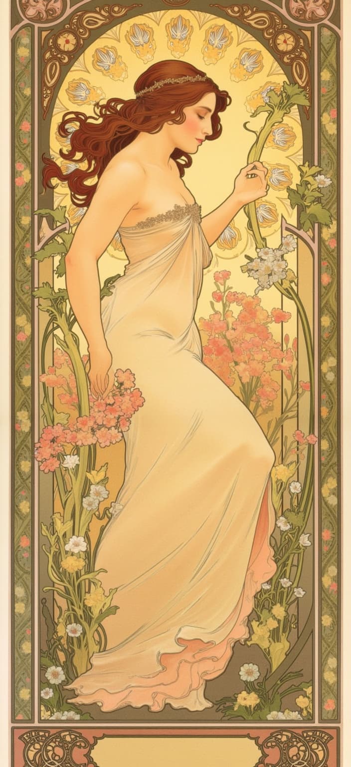 mucha, Enriched prompt:
In the enchanting Art Nouveau style inspired by Alphonse Mucha, envision a captivating painting that captures the essence of a graceful woman engaged in a serene dance amidst a vibrant spring garden at the break of dawn. Her flowing dress, a cascade of delicate fabric, shimmers as it catches the first golden rays of sunlight, embodying the ethereal beauty of the moment. Around her, an explosion of blooming cherry blossoms and intricate, sinuous vines create a lush, vibrant tapestry of life and growth. The soft, golden sunlight filters through the garden, illuminating the scene with a warm, gentle glow, while the fresh morning dew glistens like tiny jewels on petals and leaves. The air is filled with the symphony of gentle birdsong, adding a melodious layer to the serene environment.
The composition is further enriched with Mucha’s signature aesthetic, where flowing, organic lines and intricate decorative patterns intertwine in a harmonious blend. Natural motifs such as flowers, vines, and celestial elements are set against a highly stylized background, creating a dreamlike, romantic aesthetic. This masterpiece seamlessly merges fine art with design, utilizing a delicate palette of pastel colors to enhance its visual poetry. The scene is enclosed within an elaborate ornamental frame, reminiscent of a grand Gothic window, with sweeping curves and detailed embellishments. This intricate border, adorned with organic patterns, flowers, and celestial symbols, serves as a gateway into this dreamlike realm where nature and human emotion intertwine in a poetic dance.
This captivating artwork, with its refined, ornamental quality, is perfectly centered to create a crisp, clean look, making it an ideal digital wallpaper that transforms any screen into a portal to a world of elegance and natural beauty.