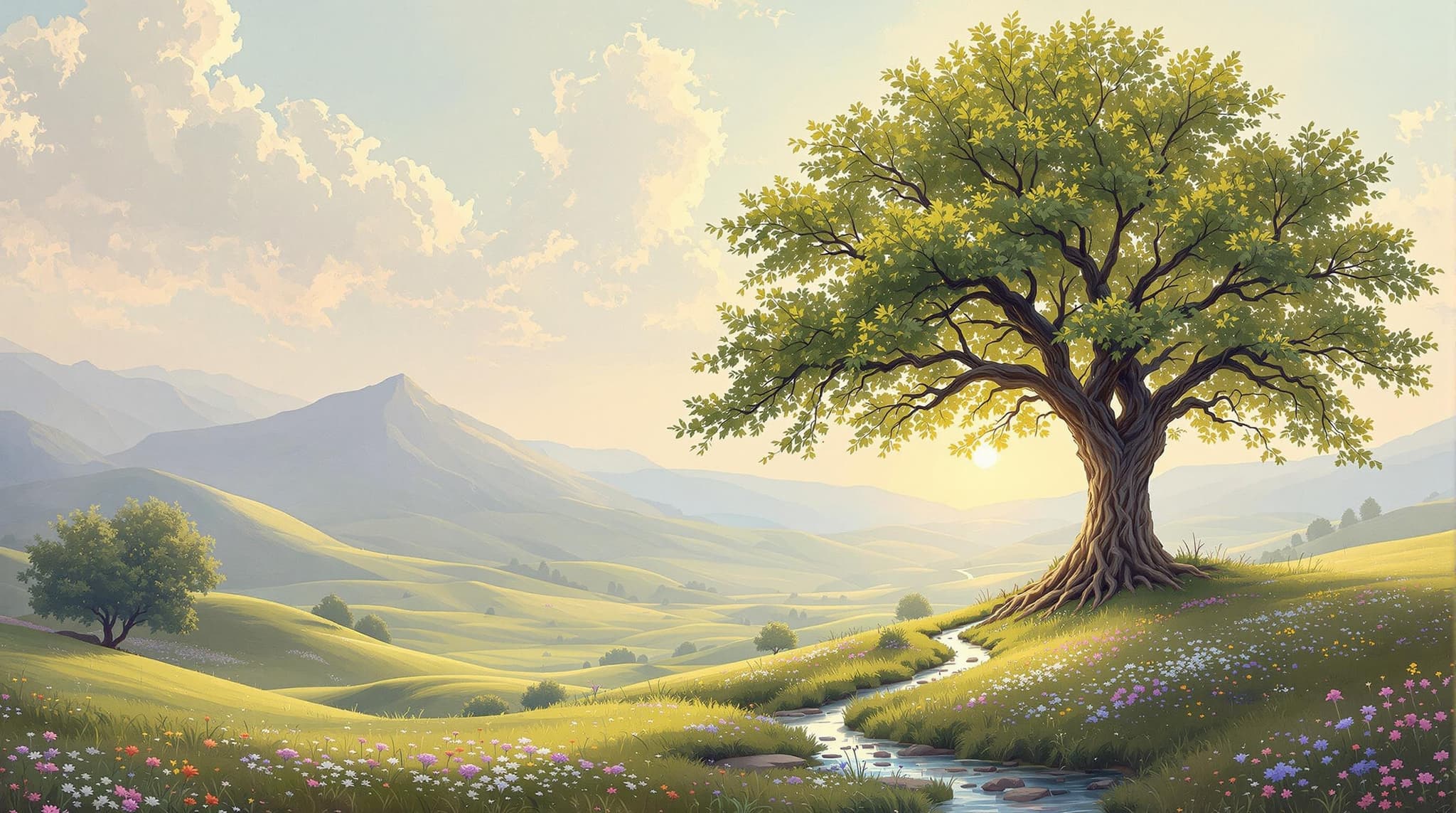 , A captivating image of a majestic tree stands at the heart of this painting, its branches elegantly spreading wide and tall, adorned with a lush tapestry of leaves in varied shades of green. The tree, a symbol of strength and beauty, is rooted firmly in a serene valley, bathed in the gentle golden light of a late afternoon sun. The sunlight filters through the foliage, casting delicate shadows on the soft earth below.
The valley itself is a sprawling expanse, lush and tranquil, cradled by softly undulating hills that rise in the distance, their slopes dotted with clusters of wildflowers in subtle hues. A narrow, sparkling stream meanders through the landscape, reflecting the sky's soft pastel colors.
The painting is executed in a classical style, reminiscent of the Old Masters, with a meticulous attention to detail and a rich, harmonious palette. The brushwork is deliberate and refined, creating a sense of depth and realism that draws the viewer into the scene.
The composition is balanced and centered, ensuring that the image maintains its crisp, clean qualities, making it ideal for printing as a digital wallpaper. This artwork not only captures the serene beauty of nature but also evokes a timeless elegance that will enhance any digital space.