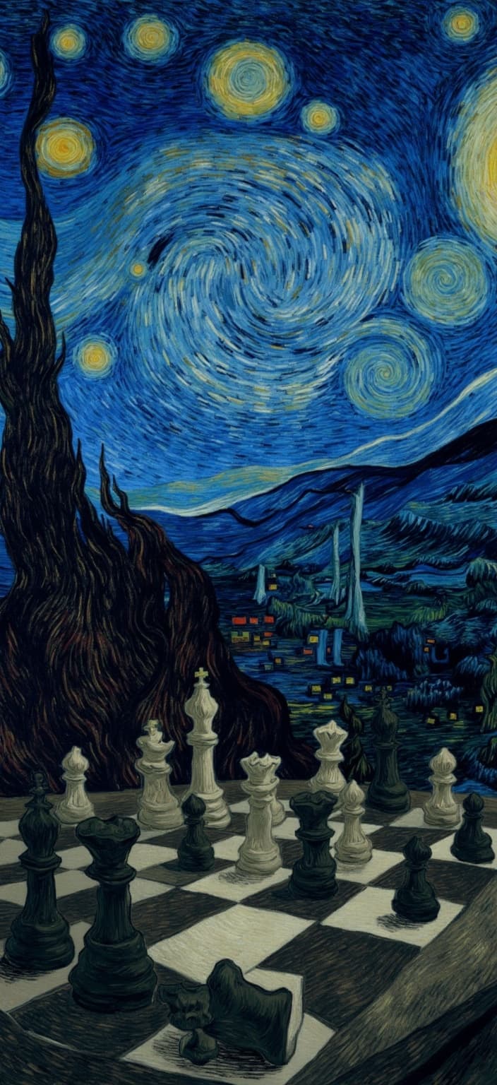 van_gogh, Enriched prompt: In the digital wallpaper, a dark, moody chessboard commands the foreground, its intricate squares and pieces cast in dynamic shadows. The scene draws you in with its post-impressionist style, inspired by Van Gogh's unique artistic flair. Surrounding this strategic battleground, the night sky swirls with the iconic patterns of Van Gogh’s "Starry Night." The sky is alive with intense, swirling stars and a luminous crescent moon, all rendered in a vivid palette of blues and yellows. These bold, complementary colors play off each other, creating an electric contrast that heightens the emotional depth of the piece.
Thick, impasto layers of paint give the sky texture and movement, while the brushstrokes, loose and energetic, create flame-like patterns that imbue the scene with a rhythmic pulse. The chessboard, though solid and grounded, appears to float within this cosmic dance, its black and white squares rendered with rich tonal variation, subtly reflecting the swirling sky above.
The entire composition exudes a raw, urgent emotion. The interplay of sky and chessboard is both a reflection of personal introspection and a universal contemplation of the infinite. This digital wallpaper is designed to be a centerpiece, capturing attention and inspiring thought, perfectly centered for a crisp and clean presentation on any digital display.