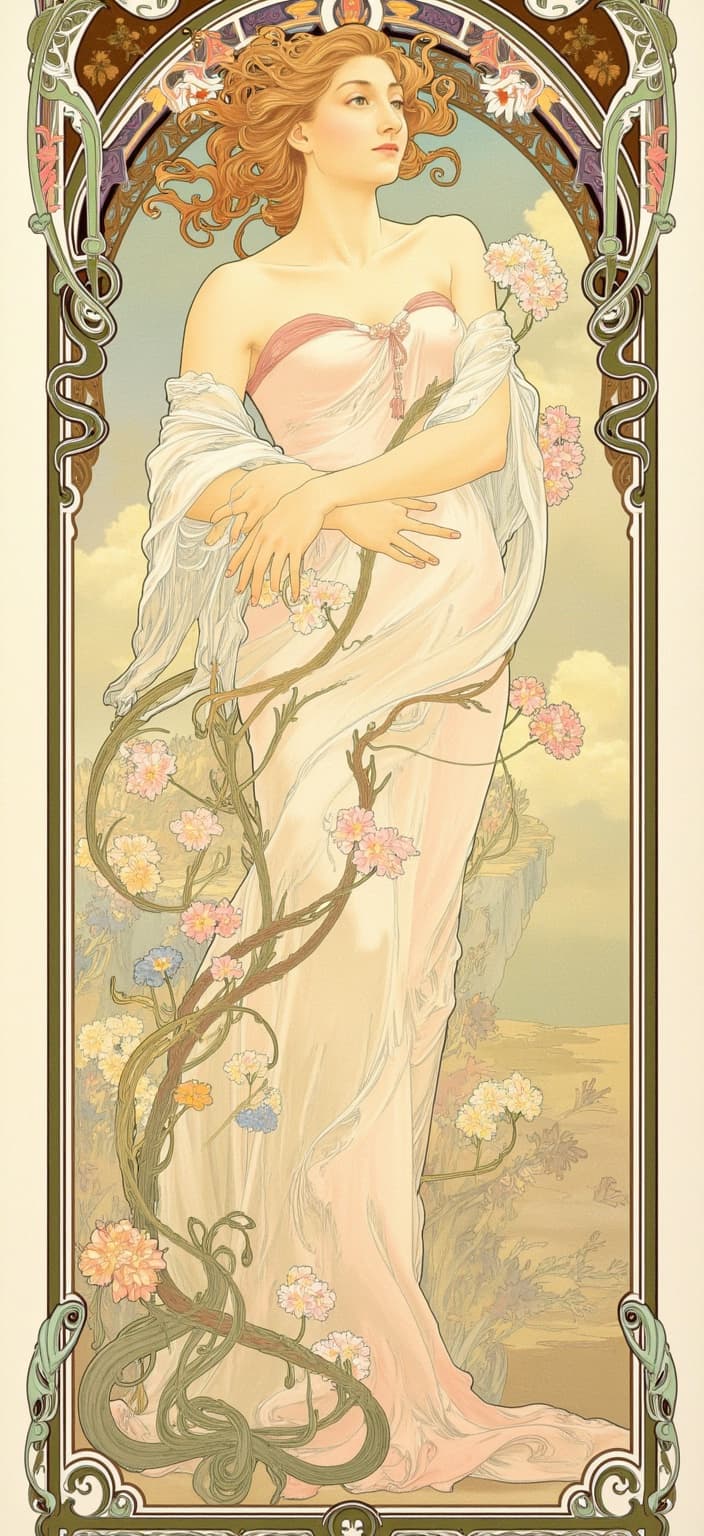 mucha, Title: "Floral Harmony with Megumi Fushiguro"
Description:
Immerse yourself in a dreamlike realm where the ethereal beauty of nature intertwines with the enigmatic presence of Megumi Fushiguro from "Jujutsu Kaisen." This digital wallpaper captures the essence of intricate elegance and artistic finesse inspired by the Art Nouveau style, with an emphasis on flowing, organic lines and an ornate blend of natural motifs.
At the heart of the composition stands Megumi Fushiguro, his expression serene yet determined, embodying a harmonious connection between the human spirit and the surrounding natural world. His presence is enveloped by swirling vines and blooming flowers, meticulously detailed with sinuous curves and vibrant hues that evoke a sense of fluid motion and life.
The backdrop is a highly stylized landscape, a tapestry of fine art and design where celestial elements like stars and subtle sunbursts are interwoven with the lush flora, creating a romantic, otherworldly atmosphere. The color palette is delicate yet impactful, with pastel tones merging effortlessly with deeper shades to add depth and richness to the scene.
Framing the entire artwork is an elaborate ornamental border reminiscent of a grand Gothic window. This intricate frame, adorned with organic patterns and embellished with celestial symbols, enhances the overall composition with its sweeping curves and ornate detailing, inviting the viewer to step into this poetic, nature-infused wonderland.
Perfectly centered for clarity and balance, this digital wallpaper is a visual masterpiece, combining the allure of "Jujutsu Kaisen" with the timeless elegance of Art Nouveau, making it an ideal choice for those seeking to transform any digital space into a work of surreal beauty.