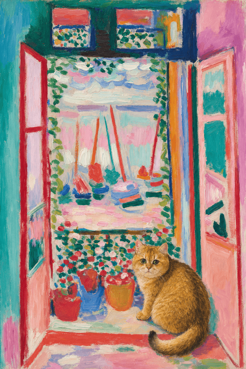 A pet sitting on the right bottom frame of an open door, with its back to the opening while facing the room, looking at the viewer, slight leaning on the right-side door panel. Paint in post-impressionism style. Use loosely painted, vibrantly colored, stylized, vertical painting.