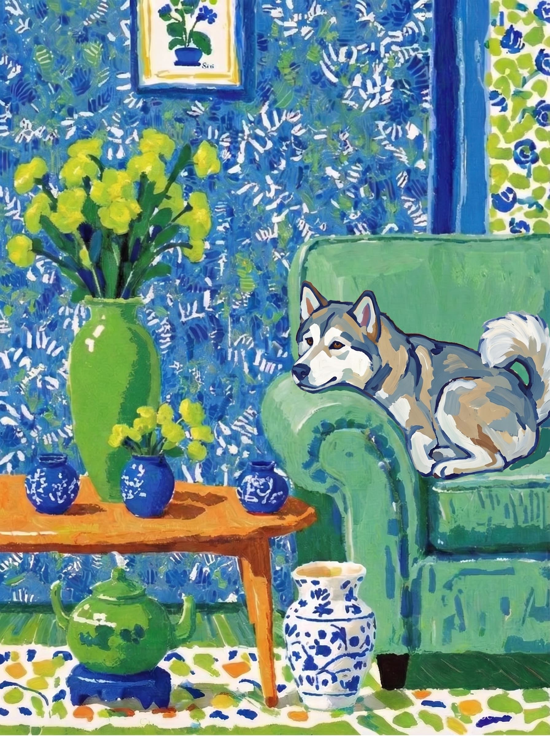 A pet lazy lying on the couch, with head tilt on the edge of couch, eye looking at the the vase. Art Style: Paint in Fauvism, post-impressionism style. Use simplified shapes, exaggerates color, and flattens perspective to create charm and personality.
Use saturated, non-naturalistic colors and flattened perspective reminiscent of Henri Matisse.
The brushwork is loose, visible, and painterly, with uneven strokes that give the surface texture and movement.
Paint with large areas of flat color patches, simplified shapes, bold decorative outlines, and minimal blending.
The composition is flattened and slightly distorted, with compressed perspective.
The painting is expressive, utilizing thick, confident strokes and quick, rhythmic marks that prioritize texture and visual energy over realistic blending or depth.