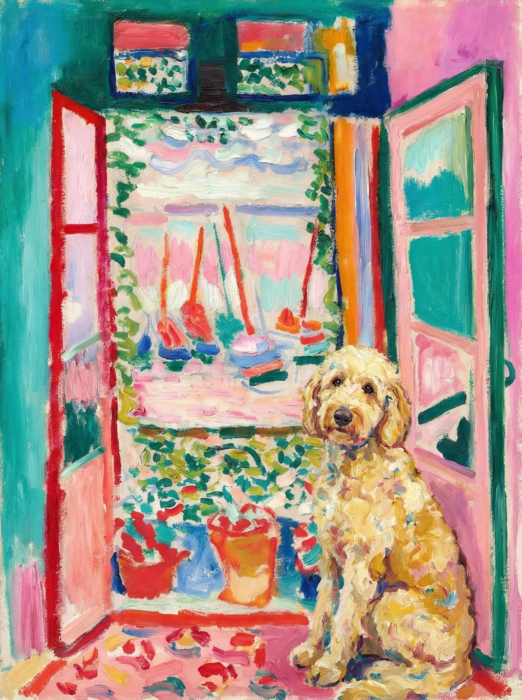 A pet sitting on the right bottom frame of an open door, with its back to the opening while facing the room, looking at the viewer, slight leaning on the right-side door panel. Paint in post-impressionism style. Use loosely painted, vibrantly colored, stylized, vertical painting.