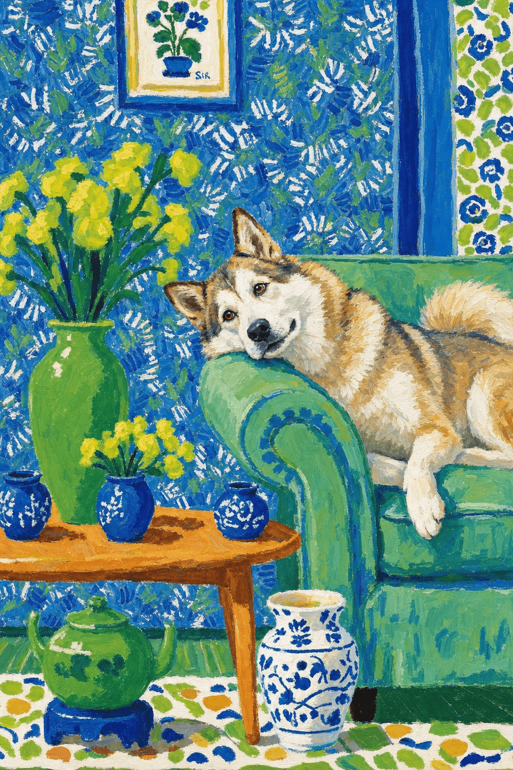 A pet lazy lying on the couch, with head tilt on the edge of couch, eye looking at the the vase. paint in post-impressionism style. Use saturated, non-naturalistic colors and flattened perspective reminiscent of Henri Matisse. painterly and expressive, utilizing thick, confident strokes and quick, rhythmic marks that prioritize texture and visual energy over realistic blending or depth.
