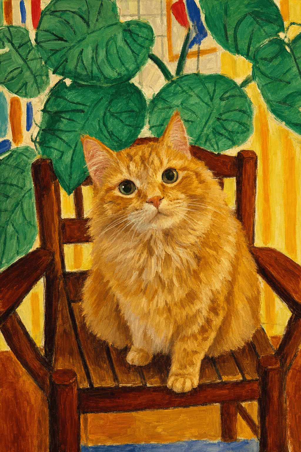 A pet sitting on a brown chair, looking at the viewer. Colors are applied with minimal blending, creating a flat, illustrative feel. The brushwork is broad, rapid, and direct. Strokes are loose, visible, applied thinly, defining the forms quickly without building up significant physical texture or impasto on the surface.