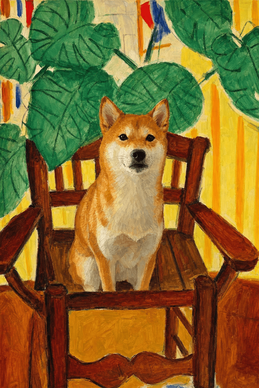 A pet sitting on a brown chair, looking at the viewer. Colors are applied with minimal blending, creating a flat, illustrative feel. The brushwork is broad, rapid, and direct. Strokes are loose, visible, applied thinly, defining the forms quickly without building up significant physical texture or impasto on the surface.