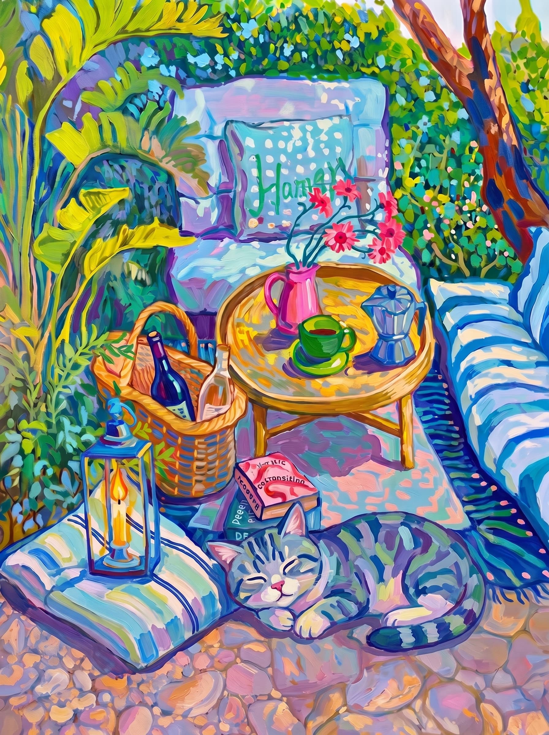 a cozy garden patio filled with lush tropical greenery, blue-and-white striped cushions, a round rattan table, picnic basket, lantern, books, flowers.
The pet is lazily resting in the foreground, almost fall asleep with a relaxed and content expression.
The composition feels intimate and inviting, with foliage and a tree trunk framing the scene, the circular table anchoring the center, and expressive brushwork plus dappled light creating a lively, relaxed outdoor atmosphere.
Art Style: Paint in Fauvism, post-impressionism style. Use simplified shapes, exaggerates color, and flattens perspective to create charm and personality.
Use saturated, non-naturalistic colors and flattened perspective reminiscent of Henri Matisse.
The brushwork is loose, visible, and painterly, with uneven strokes that give the surface texture and movement.
Paint with large areas of flat color patches, simplified shapes, bold decorative outlines, and minimal blending.
The composition is flattened and slightly distorted, with compressed perspective.
The painting is expressive, utilizing thick, confident strokes and quick, rhythmic marks that prioritize texture and visual energy over realistic blending or depth.