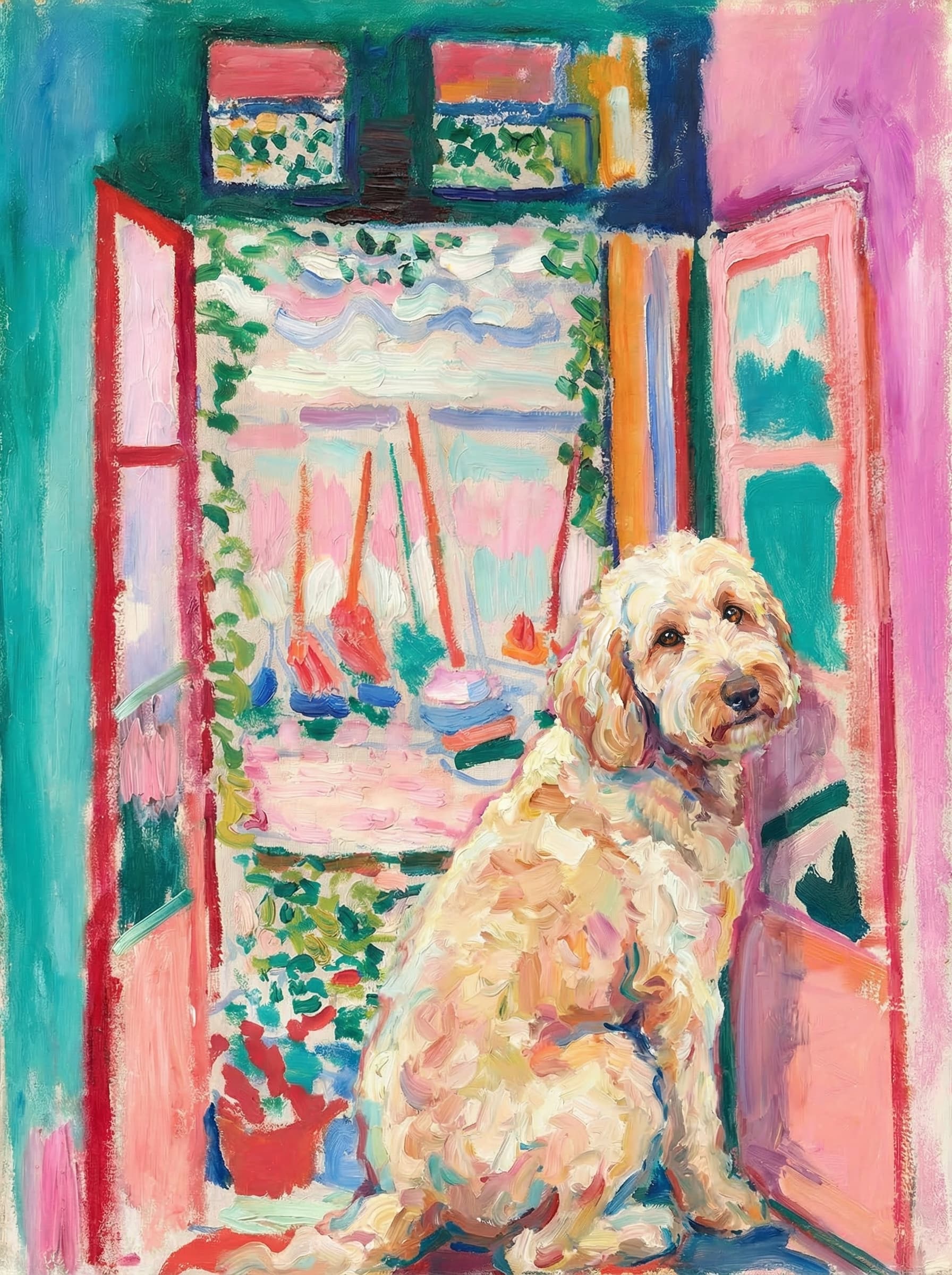 A pet sitting on the right bottom frame of an open door, with its back to the opening while facing the room, looking at the viewer, slight leaning on the right-side door panel. Paint in post-impressionism style. Use loosely painted, vibrantly colored, stylized, vertical painting.