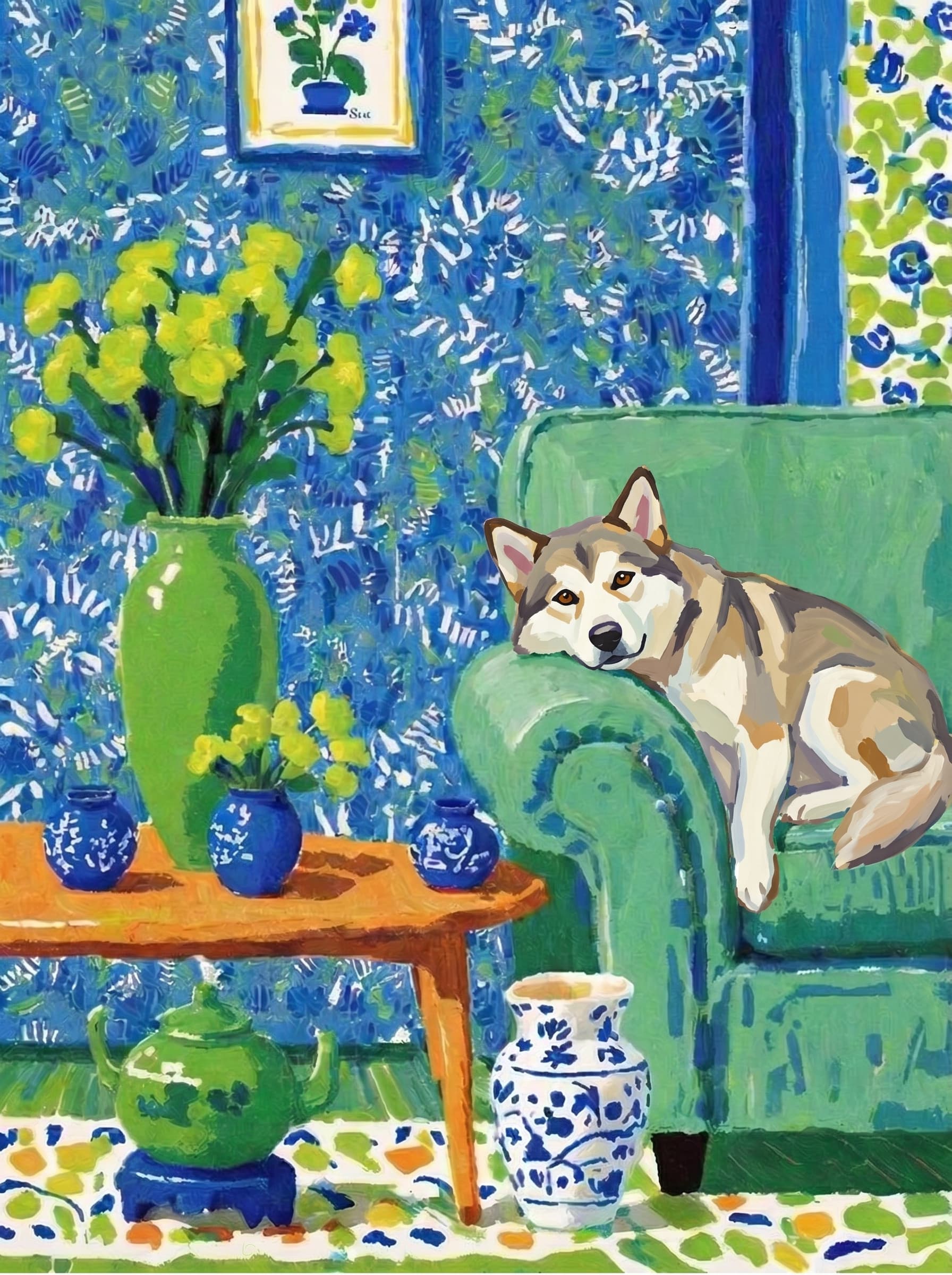 A pet lazy lying on the couch, with head tilt on the edge of couch, eye looking at the the vase. Art Style: Paint in Fauvism, post-impressionism style. Use simplified shapes, exaggerates color, and flattens perspective to create charm and personality.
Use saturated, non-naturalistic colors and flattened perspective reminiscent of Henri Matisse.
The brushwork is loose, visible, and painterly, with uneven strokes that give the surface texture and movement.
Paint with large areas of flat color patches, simplified shapes, bold decorative outlines, and minimal blending.
The composition is flattened and slightly distorted, with compressed perspective.
The painting is expressive, utilizing thick, confident strokes and quick, rhythmic marks that prioritize texture and visual energy over realistic blending or depth.
