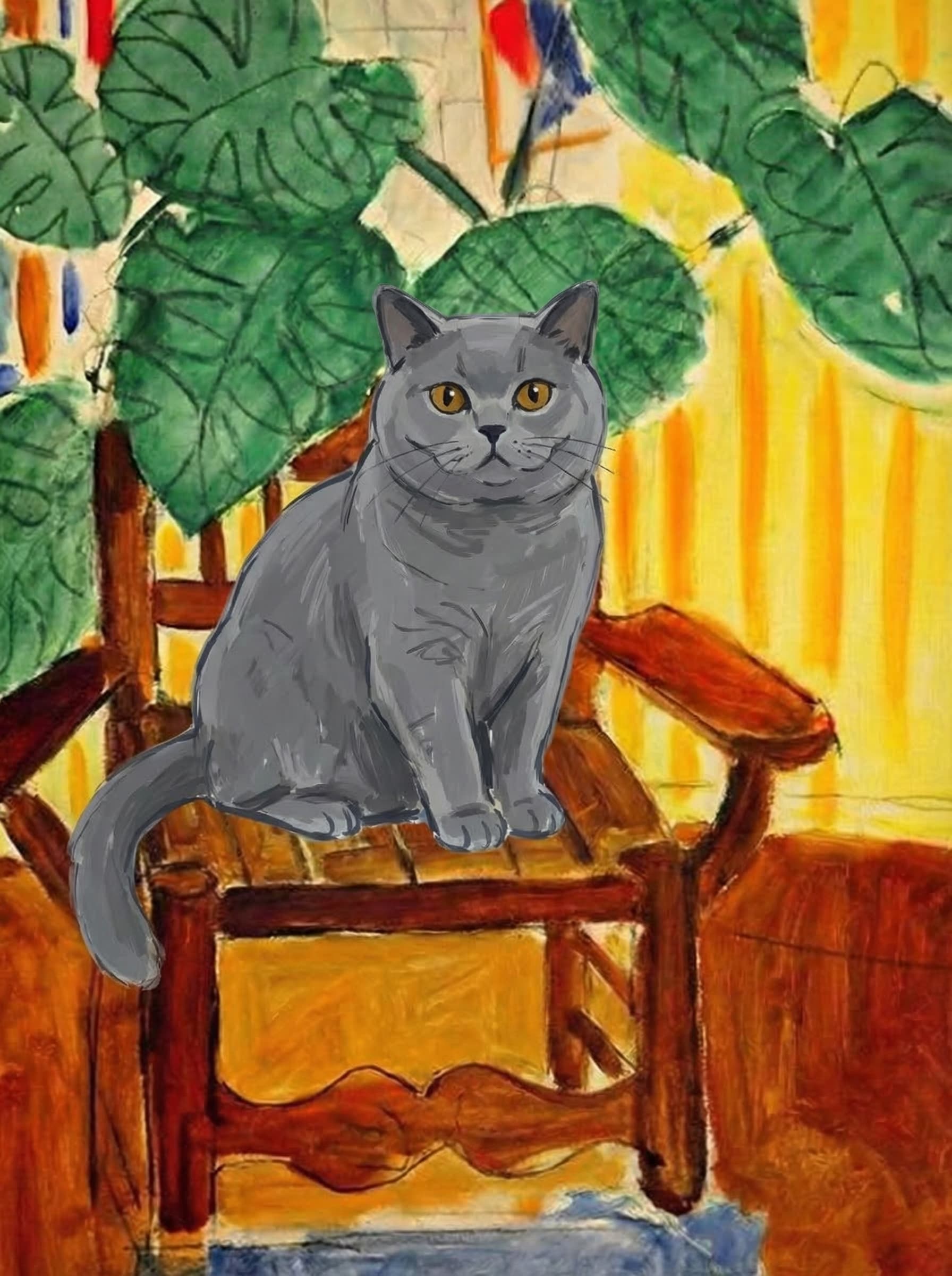 A pet sitting on a brown chair, looking at the viewer. Colors are applied with minimal blending, creating a flat, illustrative feel. The brushwork is broad, rapid, and direct. Strokes are loose, visible, applied thinly, defining the forms quickly without building up significant physical texture or impasto on the surface.