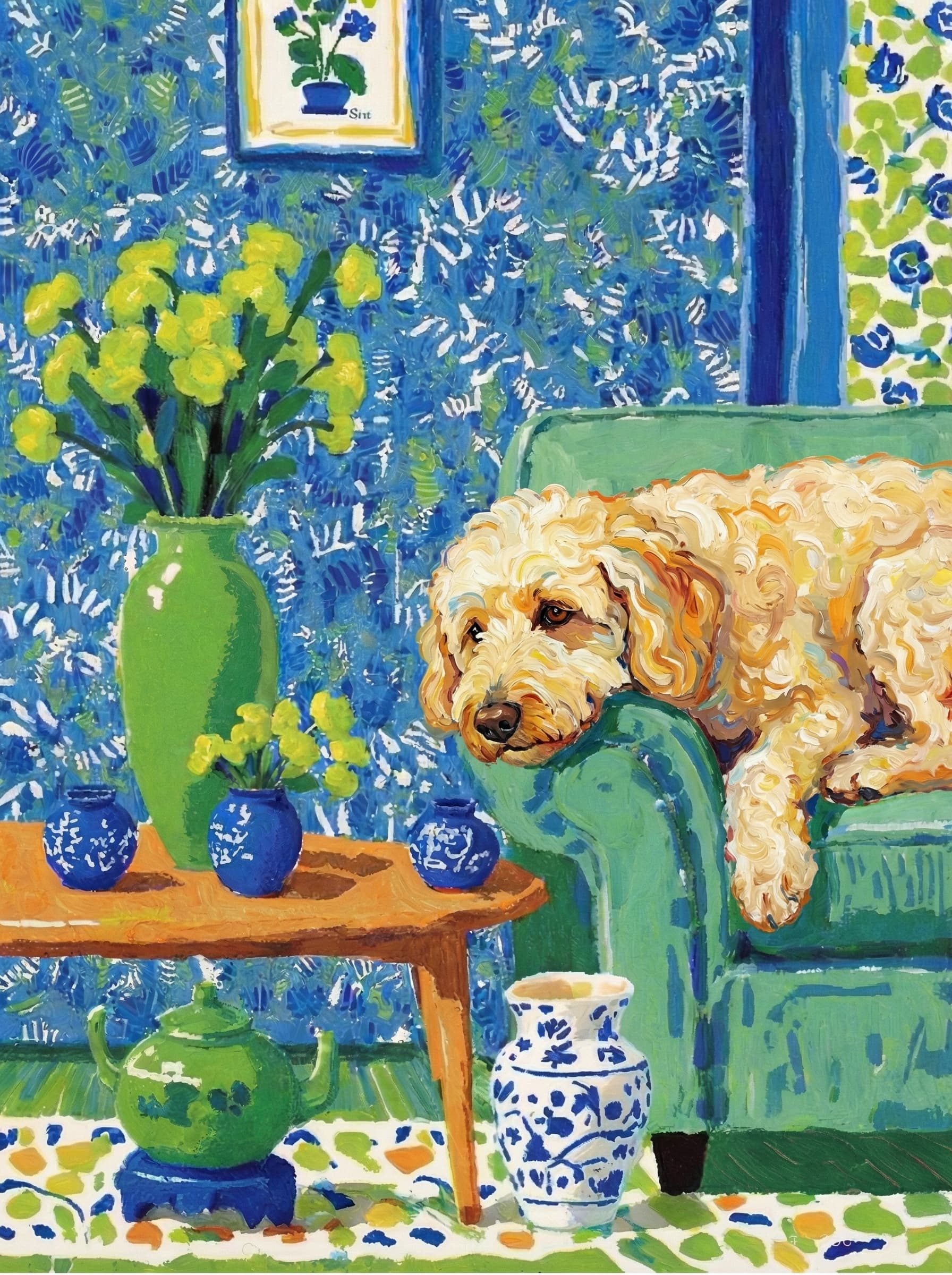 A pet lazy lying on the couch, with head tilt on the edge of couch, eye looking at the the vase. paint in post-impressionism style. Use saturated, non-naturalistic colors and flattened perspective reminiscent of Henri Matisse. painterly and expressive, utilizing thick, confident strokes and quick, rhythmic marks that prioritize texture and visual energy over realistic blending or depth.