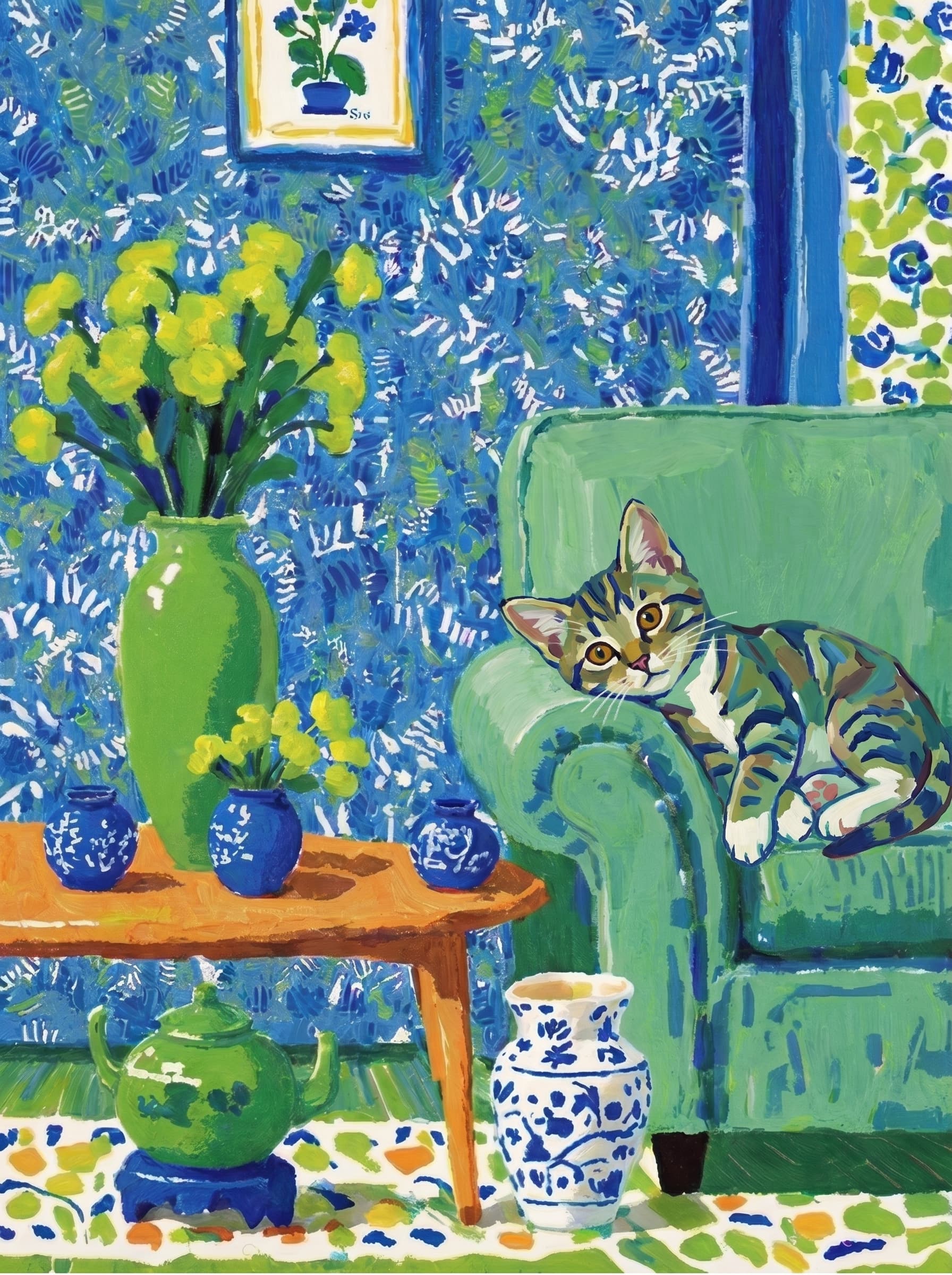 A pet lazy lying on the couch, with head tilt on the edge of couch, eye looking at the the vase. Art Style: Paint in Fauvism, post-impressionism style. Use simplified shapes, exaggerates color, and flattens perspective to create charm and personality.
Use saturated, non-naturalistic colors and flattened perspective reminiscent of Henri Matisse.
The brushwork is loose, visible, and painterly, with uneven strokes that give the surface texture and movement.
Paint with large areas of flat color patches, simplified shapes, bold decorative outlines, and minimal blending.
The composition is flattened and slightly distorted, with compressed perspective.
The painting is expressive, utilizing thick, confident strokes and quick, rhythmic marks that prioritize texture and visual energy over realistic blending or depth.