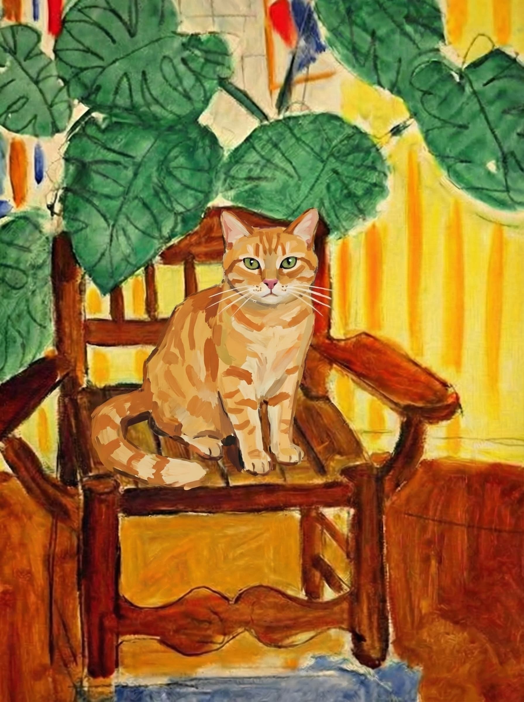 A pet sitting on a brown chair, looking at the viewer. Colors are applied with minimal blending, creating a flat, illustrative feel. The brushwork is broad, rapid, and direct. Strokes are loose, visible, applied thinly, defining the forms quickly without building up significant physical texture or impasto on the surface.