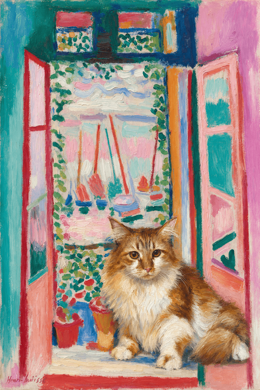 A pet sitting on the right bottom frame of an open door, with its back to the opening while facing the room, looking at the viewer, slight leaning on the right-side door panel. Paint in post-impressionism style. Use loosely painted, vibrantly colored, stylized, vertical painting.