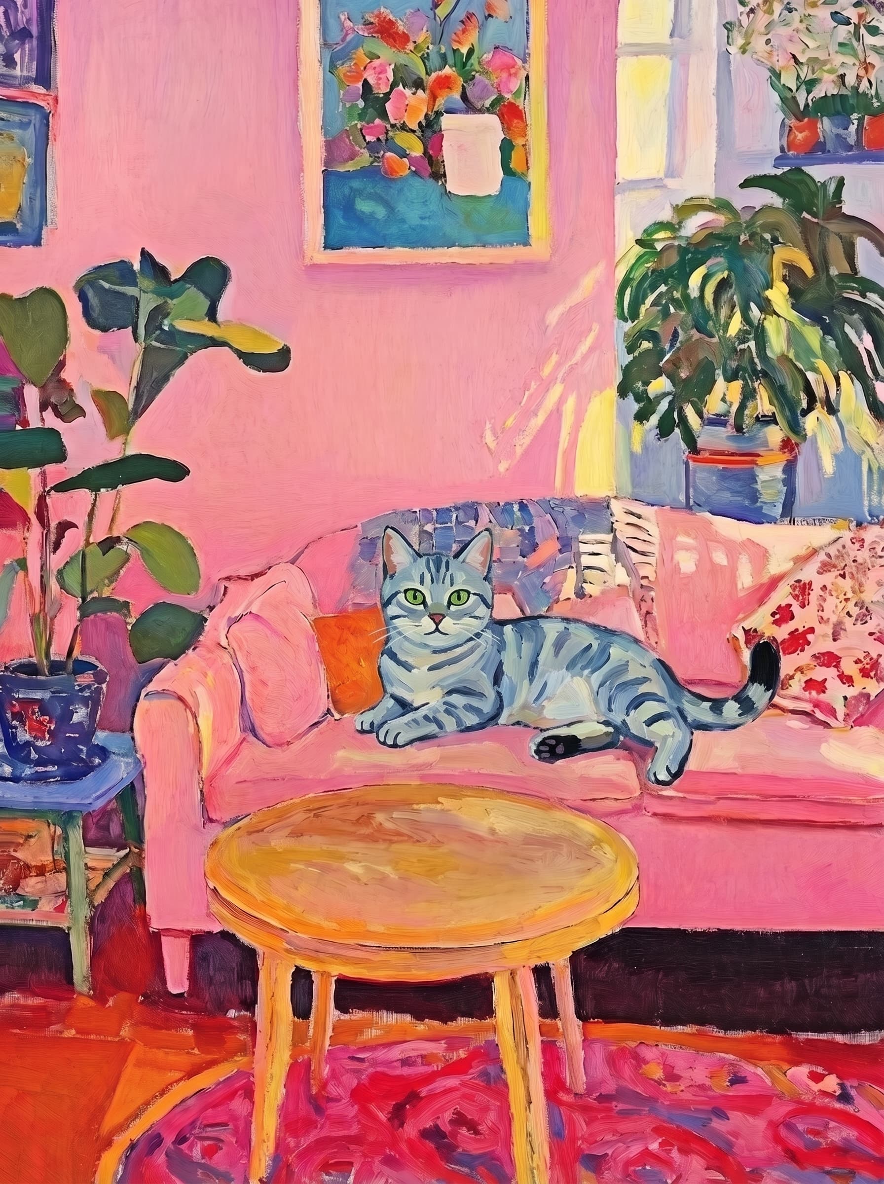The painting shows a cozy, colorful interior with a warm pink wall and a large pink sofa in the foreground.
      The pet is resting lazily on a bright pink velvet sofa. The pet’s looked completely relaxed and content.
      The overall mood is cheerful and intimate, with bold outlines, visible brushstrokes, and slightly simplified forms.
      Art Style: Paint in Fauvism, post-impressionism style. Use simplified shapes, exaggerates color, and flattens perspective to create charm and personality.
Use saturated, non-naturalistic colors and flattened perspective reminiscent of Henri Matisse.
The brushwork is loose, visible, and painterly, with uneven strokes that give the surface texture and movement.
Paint with large areas of flat color patches, simplified shapes, bold decorative outlines, and minimal blending.
The composition is flattened and slightly distorted, with compressed perspective.
The painting is expressive, utilizing thick, confident strokes and quick, rhythmic marks that prioritize texture and visual energy over realistic blending or depth.