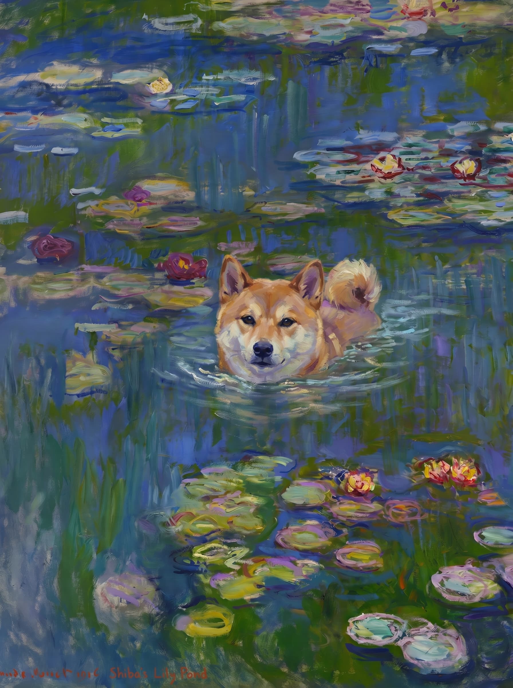 The pet should appear naturally integrated into the middle of the pond, swimming calmly through the water with only its head, upper neck, and a subtle suggestion of its back visible above the surface.
The pet should be facing forward and looking directly at the viewer. Its wet fur should be suggested through painterly strokes.
Blend the pet into the scene using Monet-like impressionist oil painting techniques: visible layered brushstrokes, soft broken color, blue-green reflections, violet shadows, golden-orange highlights, and shimmering ripples around the pet.
The water should partially obscure the pet’s body, with delicate circular ripples spreading outward. Nearby lily pads and water lilies should remain undisturbed but subtly interact with the ripples.
The pet must feel like it was originally painted into the artwork, not pasted on top. Match the atmospheric softness, painterly texture, scale, perspective, and color harmony of the original Water Lilies painting.
Avoid photorealism, sharp outlines, modern digital effects, or excessive detail. The final image should look like a whimsical impressionist oil painting in the spirit of late Monet, with the pet quietly swimming among the lily pads at the center of the pond.
Art Style: Paint in Fauvism, post-impressionism style. Use simplified shapes, exaggerates color, and flattens perspective to create charm and personality.
Use saturated, non-naturalistic colors and flattened perspective reminiscent of Henri Matisse.
The brushwork is loose, visible, and painterly, with uneven strokes that give the surface texture and movement.
Paint with large areas of flat color patches, simplified shapes, bold decorative outlines, and minimal blending.
The composition is flattened and slightly distorted, with compressed perspective.
The painting is expressive, utilizing thick, confident strokes and quick, rhythmic marks that prioritize texture and visual energy over realistic blending or depth.
