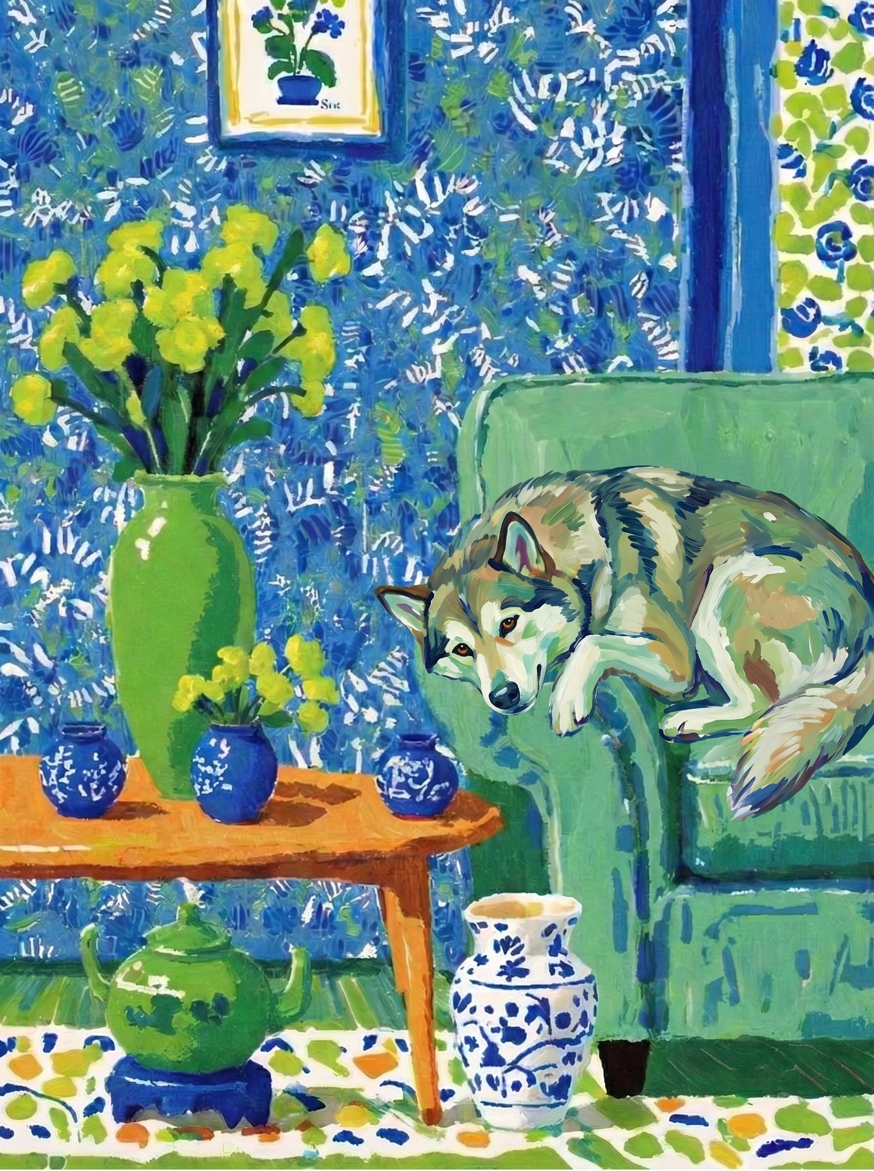 A pet lazy lying on the couch, with head tilt on the edge of couch, eye looking at the the vase. paint in post-impressionism style. Use saturated, non-naturalistic colors and flattened perspective reminiscent of Henri Matisse. painterly and expressive, utilizing thick, confident strokes and quick, rhythmic marks that prioritize texture and visual energy over realistic blending or depth.