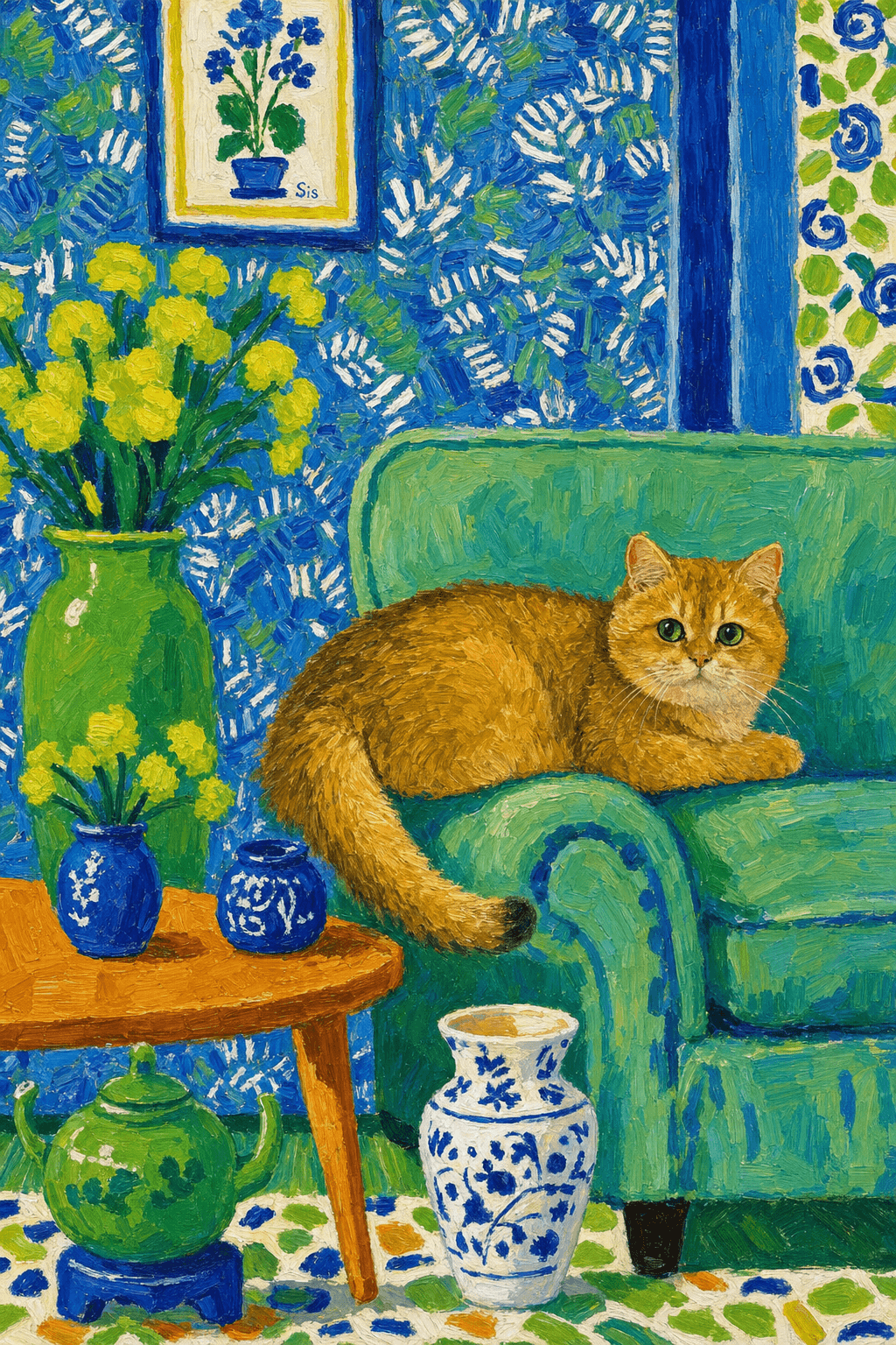 A pet lazy lying on the couch, with head tilt on the edge of couch, eye looking at the the vase. paint in post-impressionism style. Use saturated, non-naturalistic colors and flattened perspective reminiscent of Henri Matisse. painterly and expressive, utilizing thick, confident strokes and quick, rhythmic marks that prioritize texture and visual energy over realistic blending or depth.