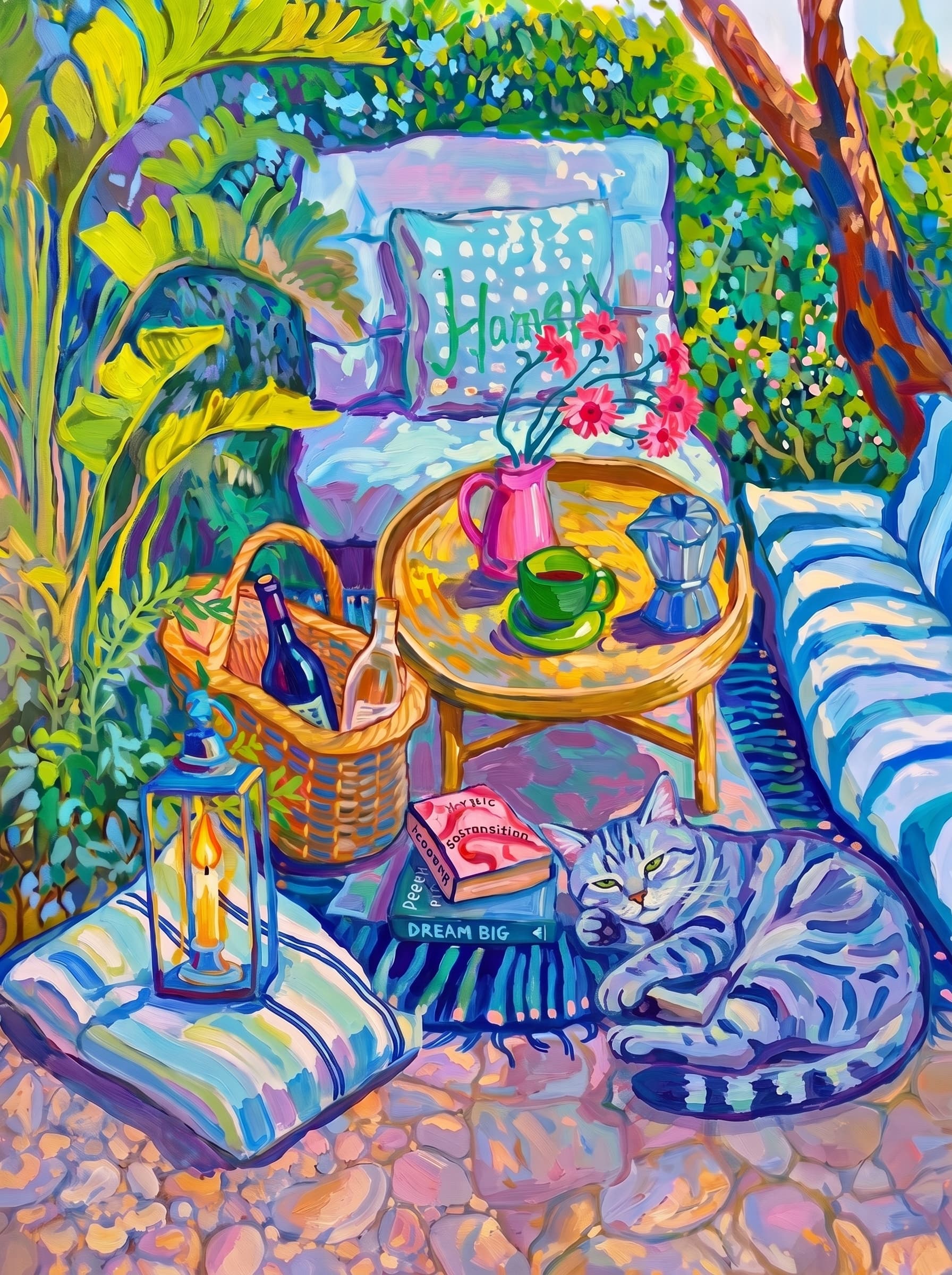 a cozy garden patio filled with lush tropical greenery, blue-and-white striped cushions, a round rattan table, picnic basket, lantern, books, flowers.
      The pet is lazily resting in the foreground, almost fall asleep with a relaxed and content expression.
      The composition feels intimate and inviting, with foliage and a tree trunk framing the scene, the circular table anchoring the center, and expressive brushwork plus dappled light creating a lively, relaxed outdoor atmosphere.
      Art Style: Paint in Fauvism, post-impressionism style. Use simplified shapes, exaggerates color, and flattens perspective to create charm and personality.
Use saturated, non-naturalistic colors and flattened perspective reminiscent of Henri Matisse.
The brushwork is loose, visible, and painterly, with uneven strokes that give the surface texture and movement.
Paint with large areas of flat color patches, simplified shapes, bold decorative outlines, and minimal blending.
The composition is flattened and slightly distorted, with compressed perspective.
The painting is expressive, utilizing thick, confident strokes and quick, rhythmic marks that prioritize texture and visual energy over realistic blending or depth.