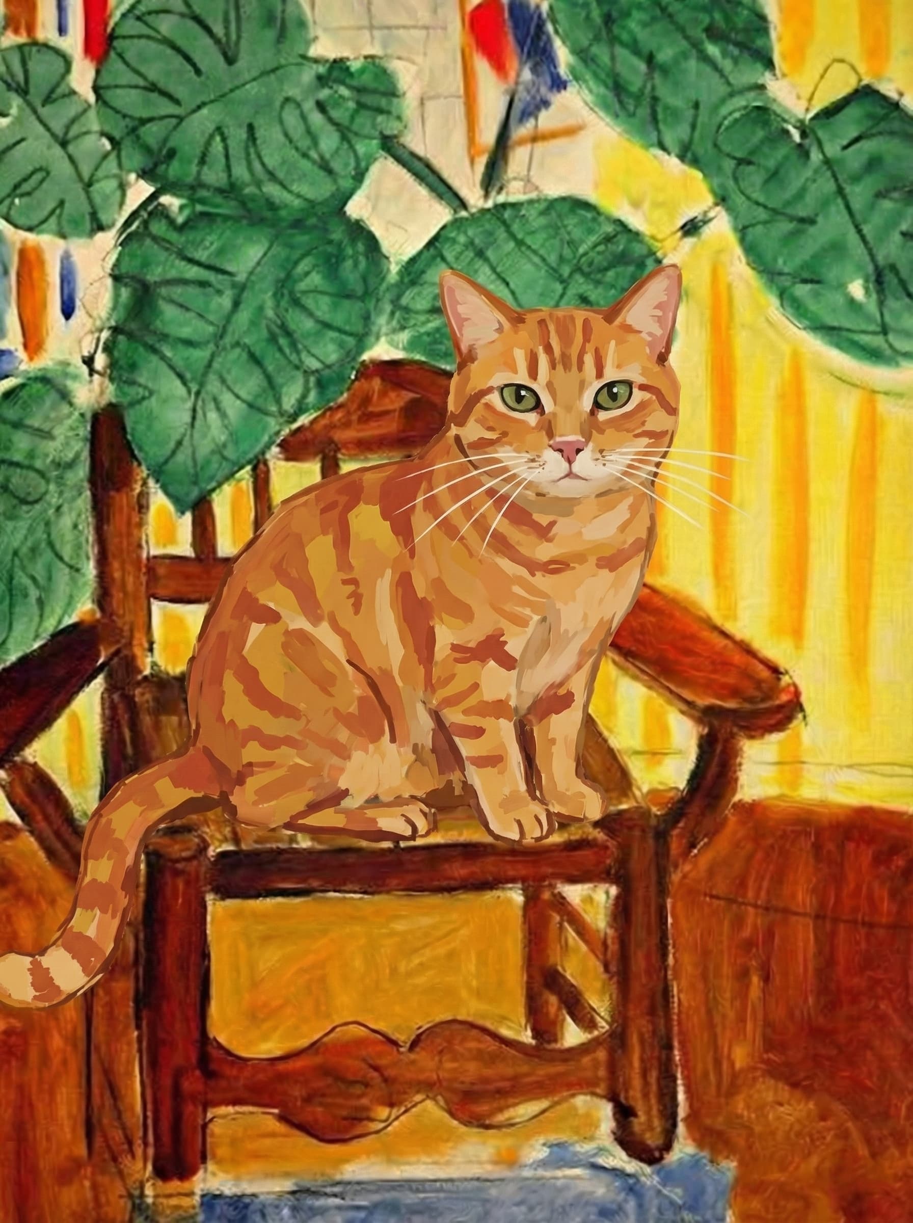 A pet sitting on a brown chair, looking at the viewer. Colors are applied with minimal blending, creating a flat, illustrative feel. The brushwork is broad, rapid, and direct. Strokes are loose, visible, applied thinly, defining the forms quickly without building up significant physical texture or impasto on the surface.