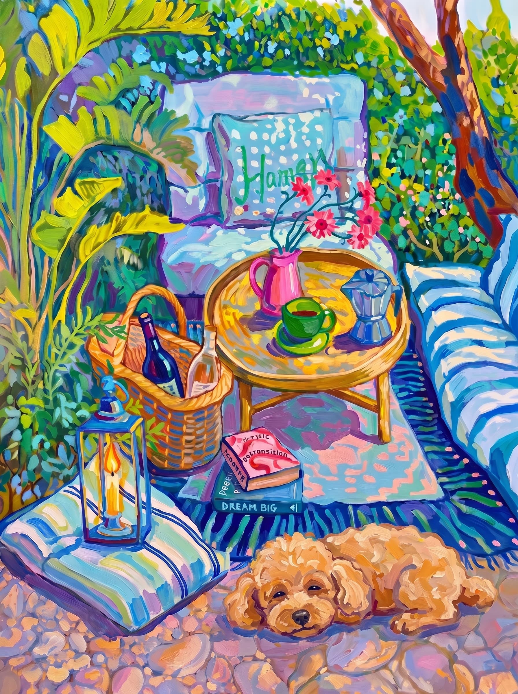 a cozy garden patio filled with lush tropical greenery, blue-and-white striped cushions, a round rattan table, picnic basket, lantern, books, flowers.
      The pet is lazily resting in the foreground, almost fall asleep with a relaxed and content expression.
      The composition feels intimate and inviting, with foliage and a tree trunk framing the scene, the circular table anchoring the center, and expressive brushwork plus dappled light creating a lively, relaxed outdoor atmosphere.
      Art Style: Paint in Fauvism, post-impressionism style. Use simplified shapes, exaggerates color, and flattens perspective to create charm and personality.
Use saturated, non-naturalistic colors and flattened perspective reminiscent of Henri Matisse.
The brushwork is loose, visible, and painterly, with uneven strokes that give the surface texture and movement.
Paint with large areas of flat color patches, simplified shapes, bold decorative outlines, and minimal blending.
The composition is flattened and slightly distorted, with compressed perspective.
The painting is expressive, utilizing thick, confident strokes and quick, rhythmic marks that prioritize texture and visual energy over realistic blending or depth.
