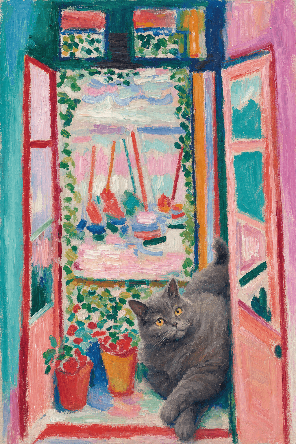 A pet sitting on the right bottom frame of an open door, with its back to the opening while facing the room, looking at the viewer, slight leaning on the right-side door panel. Paint in post-impressionism style. Use loosely painted, vibrantly colored, stylized, vertical painting.
