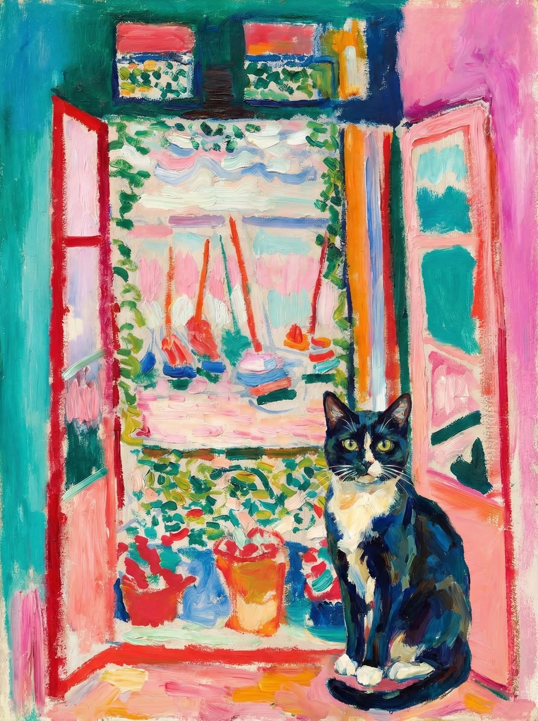 A pet sitting on the right bottom frame of an open door, with its back to the opening while facing the room, looking at the viewer, slight leaning on the right-side door panel. Paint in post-impressionism style. Use loosely painted, vibrantly colored, stylized, vertical painting.