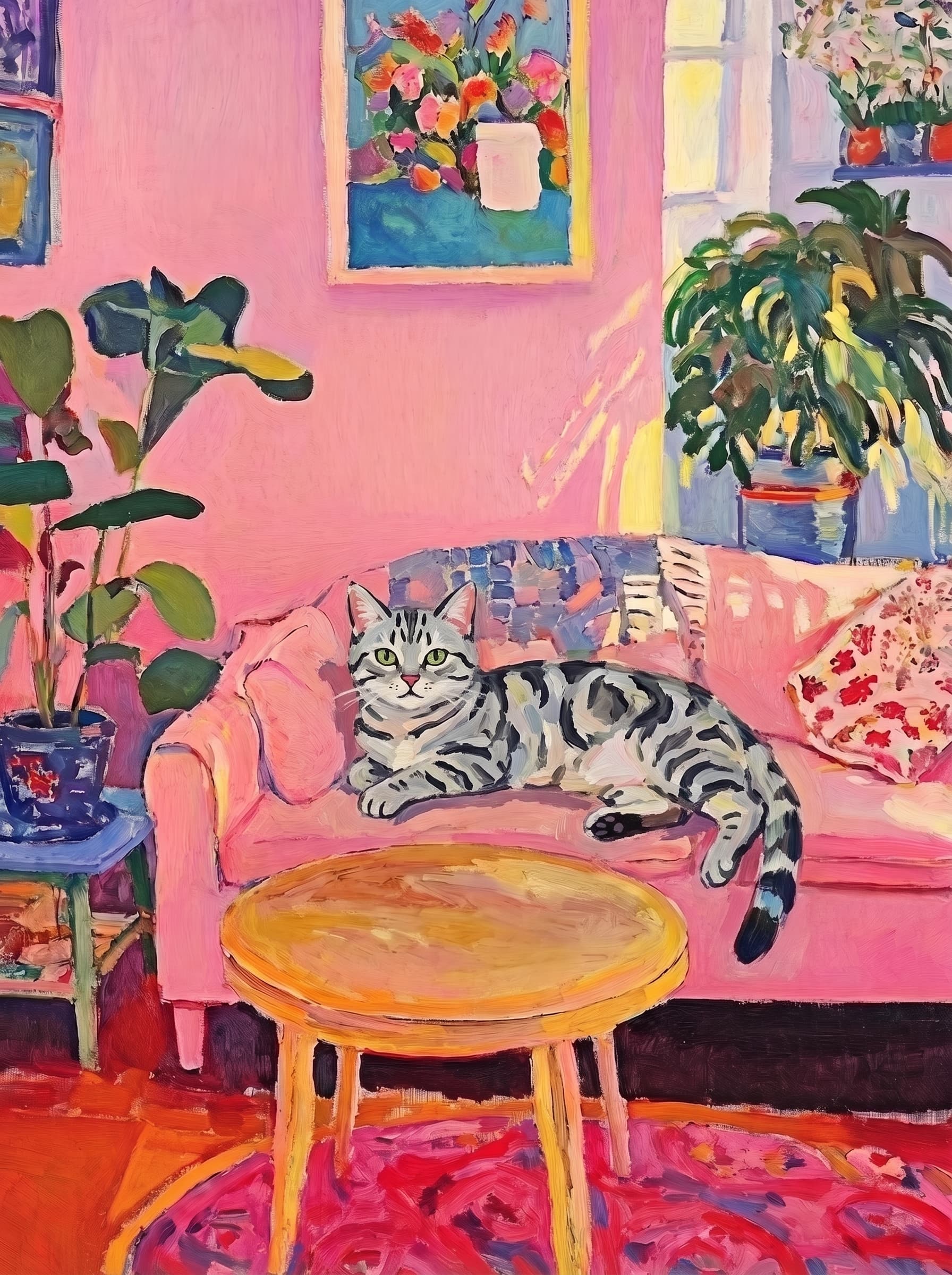 The painting shows a cozy, colorful interior with a warm pink wall and a large pink sofa in the foreground.
      The pet is resting lazily on a bright pink velvet sofa. The pet’s looked completely relaxed and content.
      The overall mood is cheerful and intimate, with bold outlines, visible brushstrokes, and slightly simplified forms.
      Art Style: Paint in Fauvism, post-impressionism style. Use simplified shapes, exaggerates color, and flattens perspective to create charm and personality.
Use saturated, non-naturalistic colors and flattened perspective reminiscent of Henri Matisse.
The brushwork is loose, visible, and painterly, with uneven strokes that give the surface texture and movement.
Paint with large areas of flat color patches, simplified shapes, bold decorative outlines, and minimal blending.
The composition is flattened and slightly distorted, with compressed perspective.
The painting is expressive, utilizing thick, confident strokes and quick, rhythmic marks that prioritize texture and visual energy over realistic blending or depth.