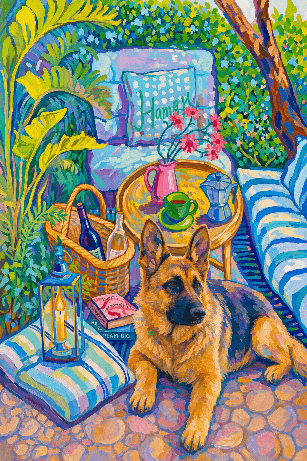 a cozy garden patio filled with lush tropical greenery, blue-and-white striped cushions, a round rattan table, picnic basket, lantern, books, flowers.
The pet is lazily resting in the foreground, almost fall asleep with a relaxed and content expression.
The composition feels intimate and inviting, with foliage and a tree trunk framing the scene, the circular table anchoring the center, and expressive brushwork plus dappled light creating a lively, relaxed outdoor atmosphere.
Art Style: Paint in Fauvism, post-impressionism style. Use simplified shapes, exaggerates color, and flattens perspective to create charm and personality.
Use saturated, non-naturalistic colors and flattened perspective reminiscent of Henri Matisse.
The brushwork is loose, visible, and painterly, with uneven strokes that give the surface texture and movement.
Paint with large areas of flat color patches, simplified shapes, bold decorative outlines, and minimal blending.
The composition is flattened and slightly distorted, with compressed perspective.
The painting is expressive, utilizing thick, confident strokes and quick, rhythmic marks that prioritize texture and visual energy over realistic blending or depth.