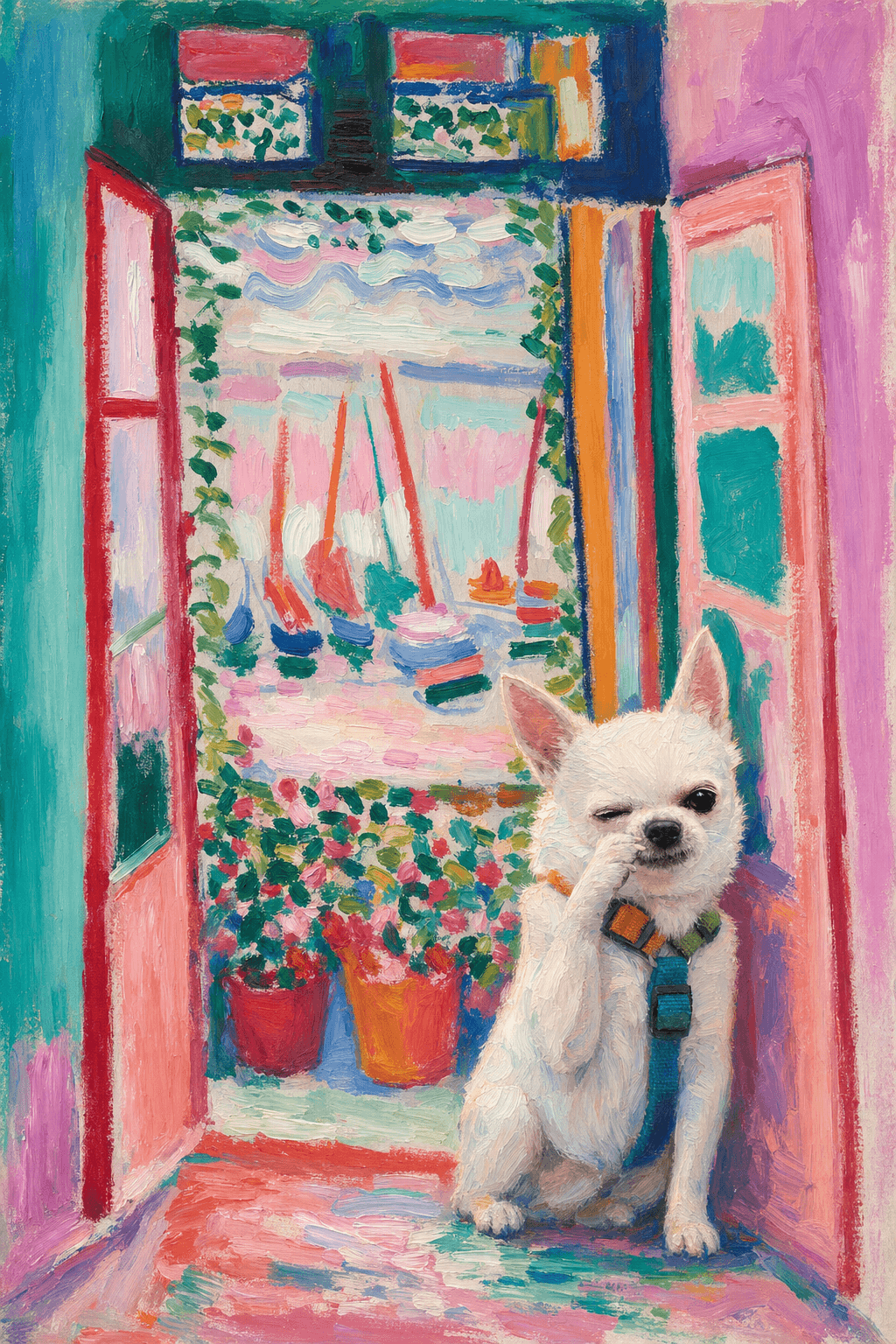 A pet sitting on the right bottom frame of an open door, with its back to the opening while facing the room, looking at the viewer, slight leaning on the right-side door panel. Paint in post-impressionism style. Use loosely painted, vibrantly colored, stylized, vertical painting.