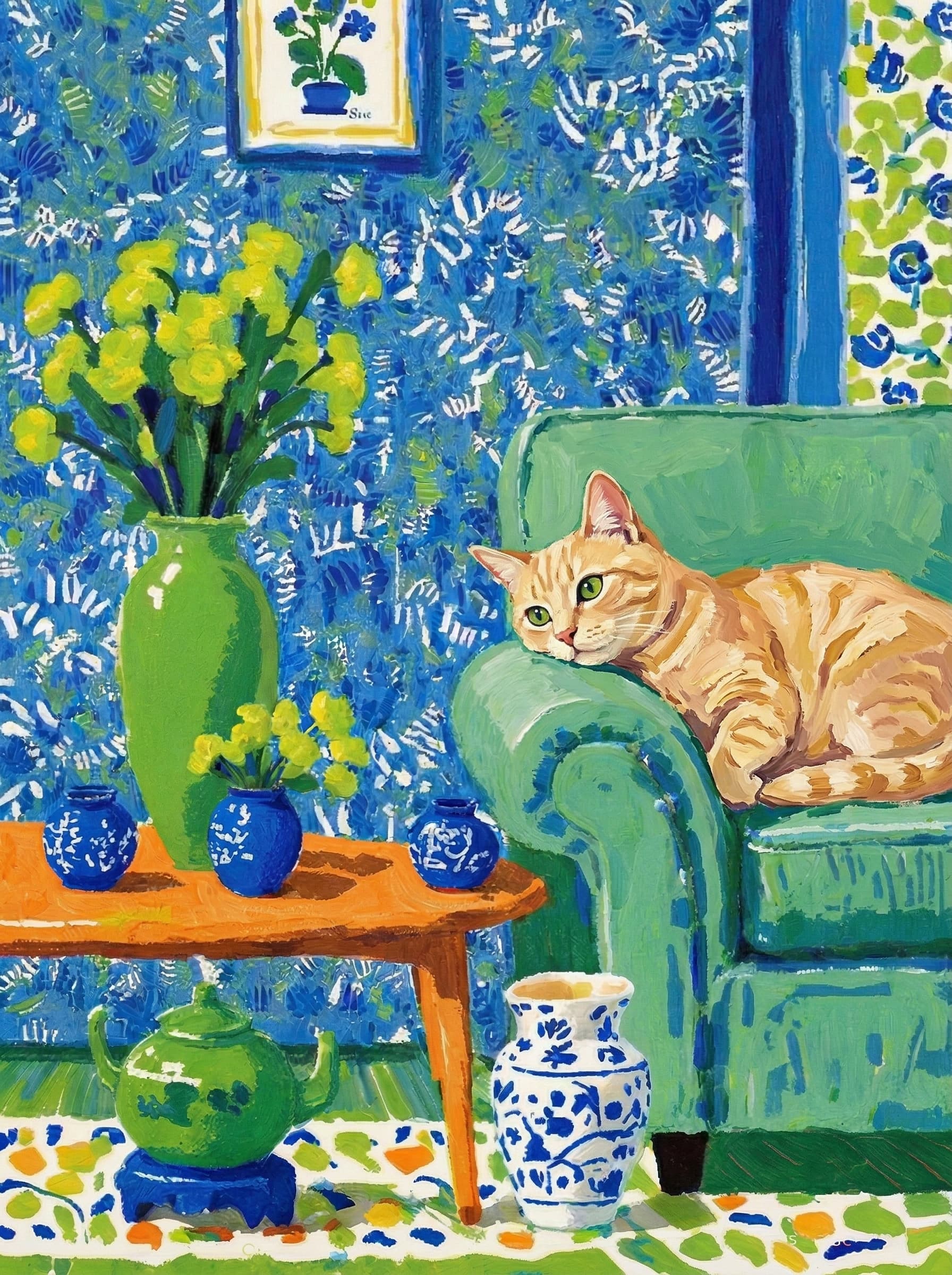A pet lazy lying on the couch, with head tilt on the edge of couch, eye looking at the the vase. paint in post-impressionism style. Use saturated, non-naturalistic colors and flattened perspective reminiscent of Henri Matisse. painterly and expressive, utilizing thick, confident strokes and quick, rhythmic marks that prioritize texture and visual energy over realistic blending or depth.