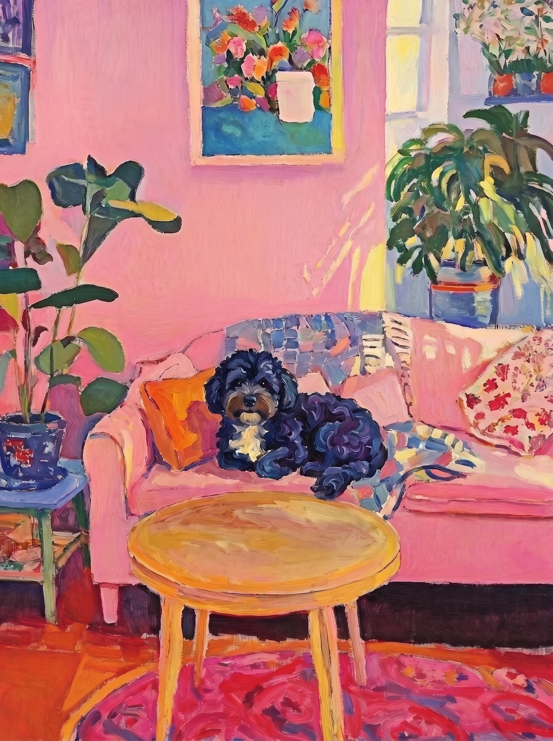 The painting shows a cozy, colorful interior with a warm pink wall and a large pink sofa in the foreground.
      The pet is resting lazily on a bright pink velvet sofa. The pet’s looked completely relaxed and content.
      The overall mood is cheerful and intimate, with bold outlines, visible brushstrokes, and slightly simplified forms.
      Art Style: Paint in Fauvism, post-impressionism style. Use simplified shapes, exaggerates color, and flattens perspective to create charm and personality.
Use saturated, non-naturalistic colors and flattened perspective reminiscent of Henri Matisse.
The brushwork is loose, visible, and painterly, with uneven strokes that give the surface texture and movement.
Paint with large areas of flat color patches, simplified shapes, bold decorative outlines, and minimal blending.
The composition is flattened and slightly distorted, with compressed perspective.
The painting is expressive, utilizing thick, confident strokes and quick, rhythmic marks that prioritize texture and visual energy over realistic blending or depth.