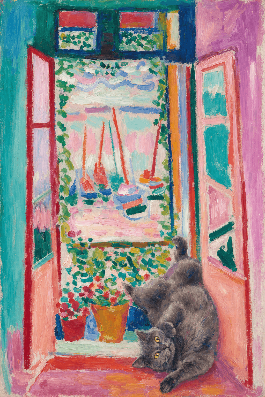 A pet sitting on the right bottom frame of an open door, with its back to the opening while facing the room, looking at the viewer, slight leaning on the right-side door panel. Paint in post-impressionism style. Use loosely painted, vibrantly colored, stylized, vertical painting.