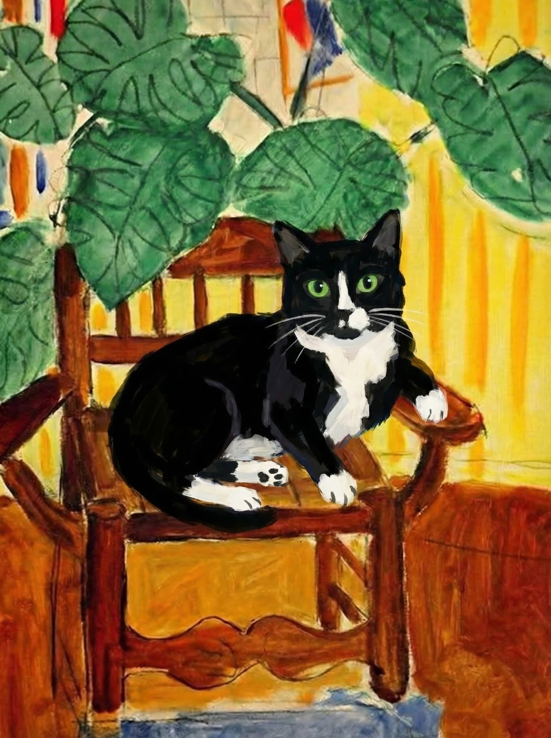 A pet sitting on a brown chair, looking at the viewer. Colors are applied with minimal blending, creating a flat, illustrative feel. The brushwork is broad, rapid, and direct. Strokes are loose, visible, applied thinly, defining the forms quickly without building up significant physical texture or impasto on the surface.