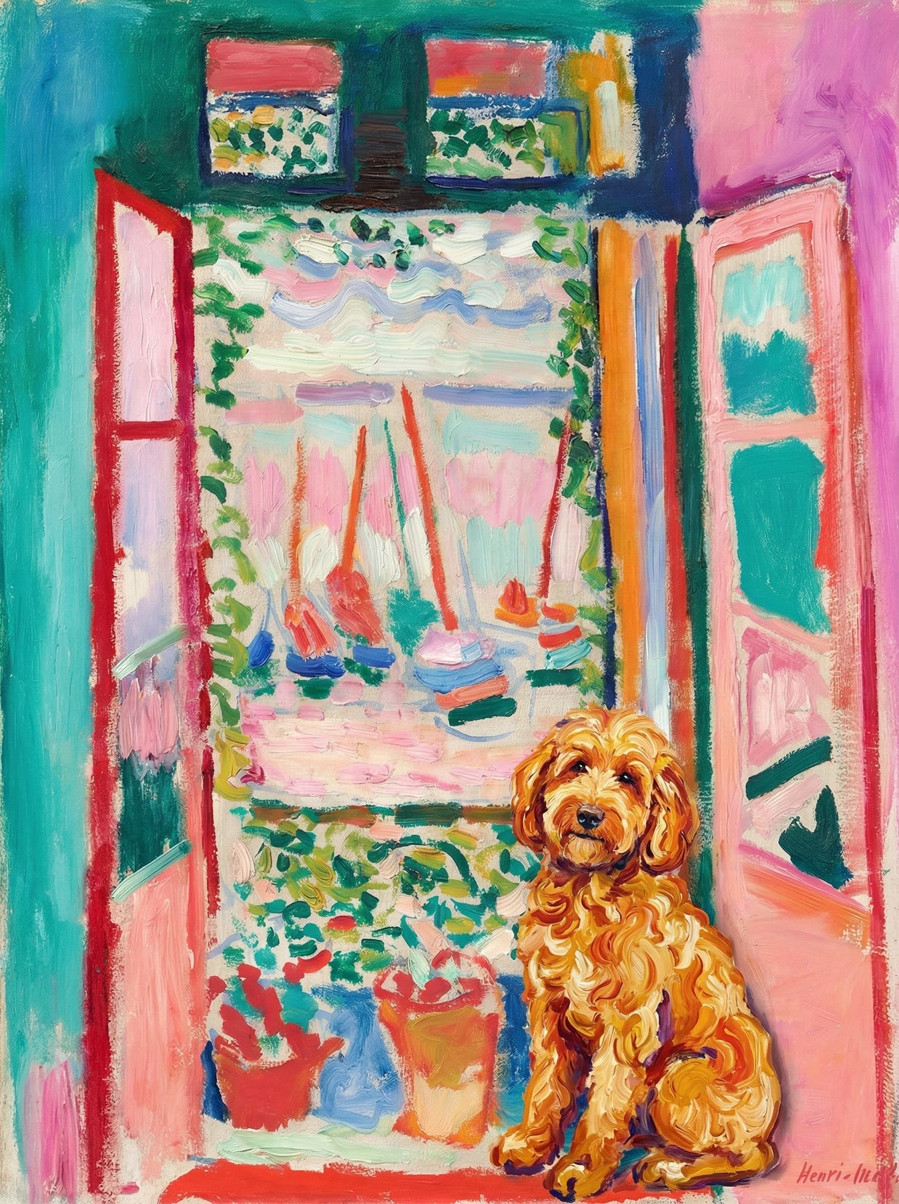 A pet sitting on the right bottom frame of an open door, with its back to the opening while facing the room, looking at the viewer, slight leaning on the right-side door panel. Paint in post-impressionism style. Use loosely painted, vibrantly colored, stylized, vertical painting.