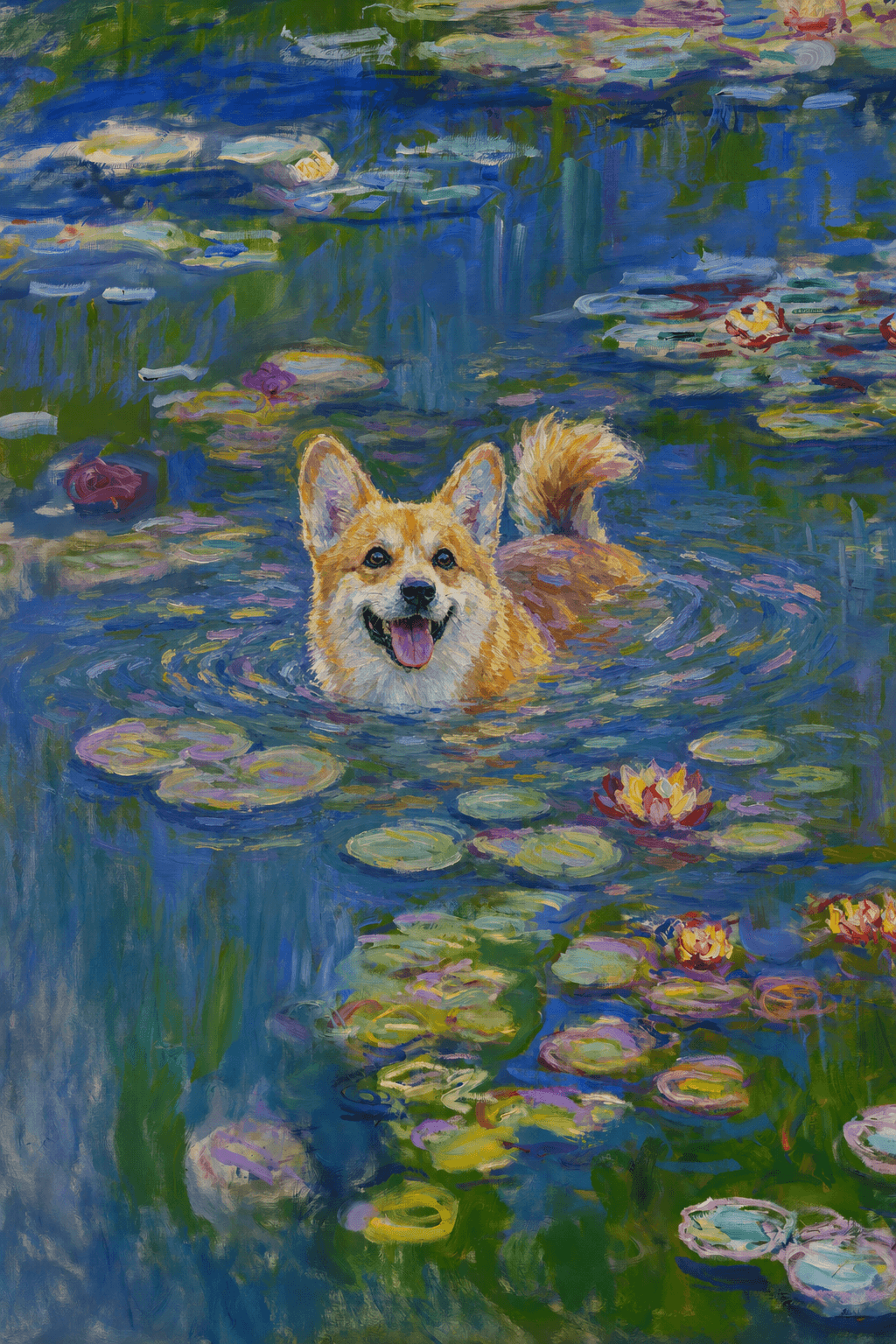 The pet should appear naturally integrated into the middle of the pond, swimming calmly through the water with only its head, upper neck, and a subtle suggestion of its back visible above the surface.
The pet should be facing forward and looking directly at the viewer. Its wet fur should be suggested through painterly strokes.
Blend the pet into the scene using Monet-like impressionist oil painting techniques: visible layered brushstrokes, soft broken color, blue-green reflections, violet shadows, golden-orange highlights, and shimmering ripples around the pet.
The water should partially obscure the pet’s body, with delicate circular ripples spreading outward. Nearby lily pads and water lilies should remain undisturbed but subtly interact with the ripples.
The pet must feel like it was originally painted into the artwork, not pasted on top. Match the atmospheric softness, painterly texture, scale, perspective, and color harmony of the original Water Lilies painting.
Avoid photorealism, sharp outlines, modern digital effects, or excessive detail. The final image should look like a whimsical impressionist oil painting in the spirit of late Monet, with the pet quietly swimming among the lily pads at the center of the pond.
Art Style: Paint in Fauvism, post-impressionism style. Use simplified shapes, exaggerates color, and flattens perspective to create charm and personality.
Use saturated, non-naturalistic colors and flattened perspective reminiscent of Henri Matisse.
The brushwork is loose, visible, and painterly, with uneven strokes that give the surface texture and movement.
Paint with large areas of flat color patches, simplified shapes, bold decorative outlines, and minimal blending.
The composition is flattened and slightly distorted, with compressed perspective.
The painting is expressive, utilizing thick, confident strokes and quick, rhythmic marks that prioritize texture and visual energy over realistic blending or depth.